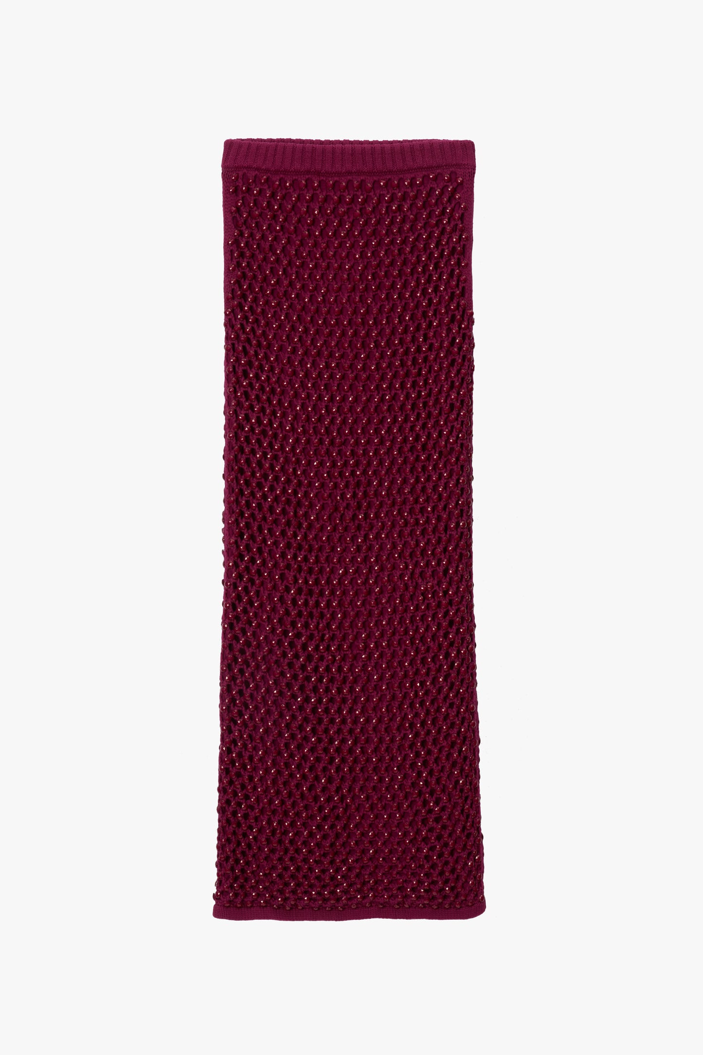 Maroon crystal-embroidered straight skirt on a white background
