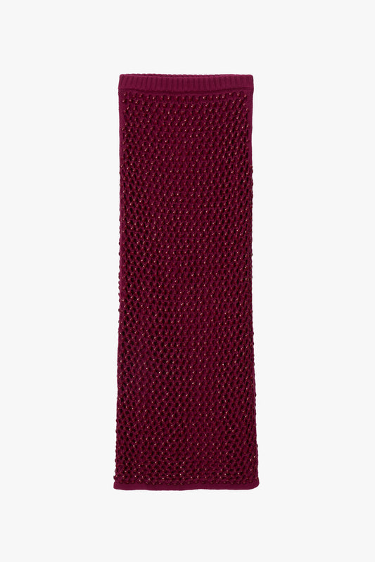Maroon crystal-embroidered straight skirt on a white background