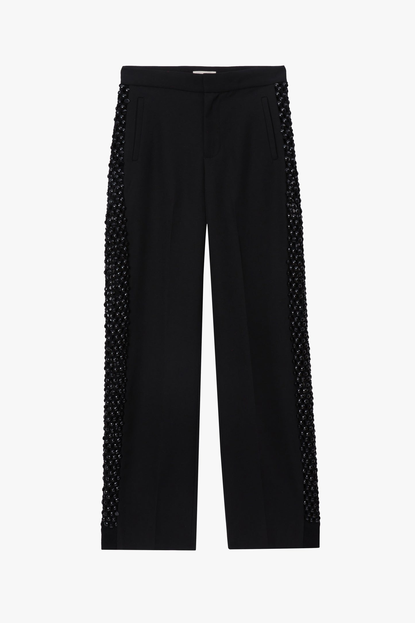 Black pants with textured side panels on a white background