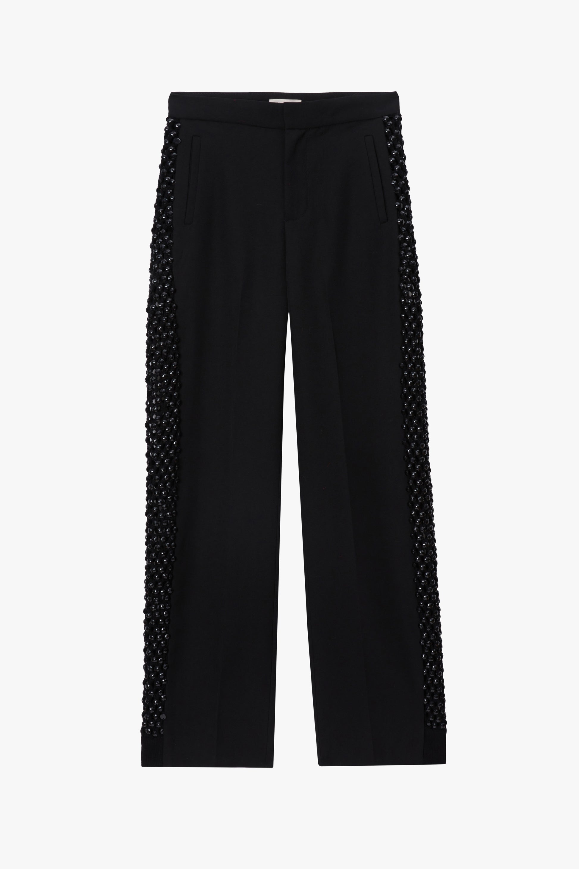 Black pants with textured side panels on a white background