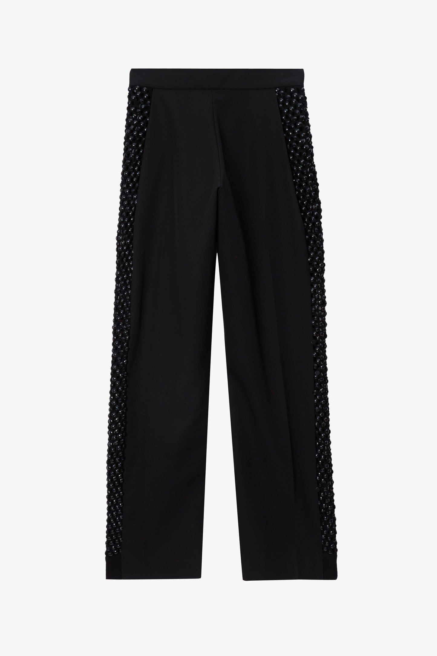 Black trousers with crystal knit panels on either leg against a white background