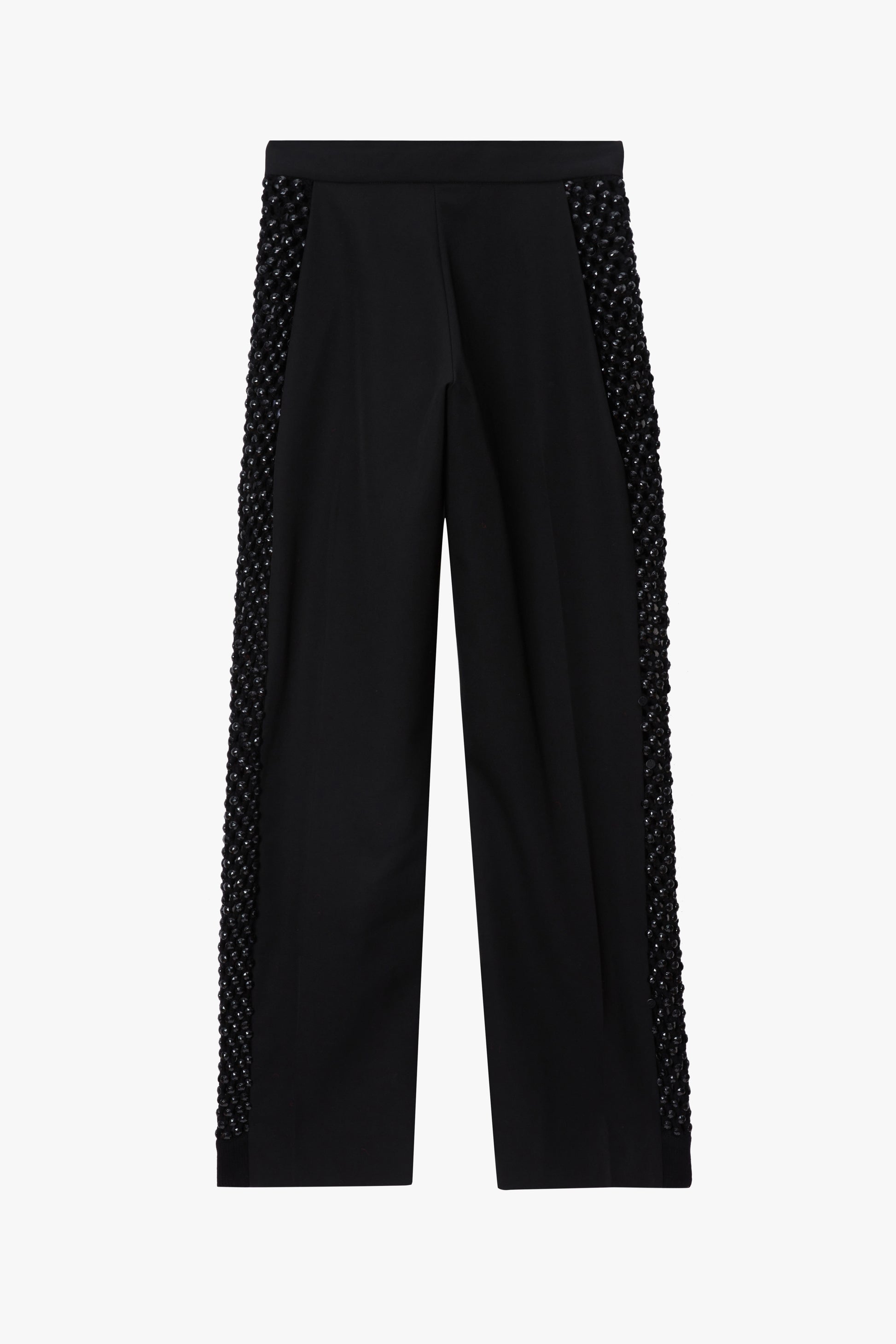 Black trousers with crystal knit panels on either leg against a white background