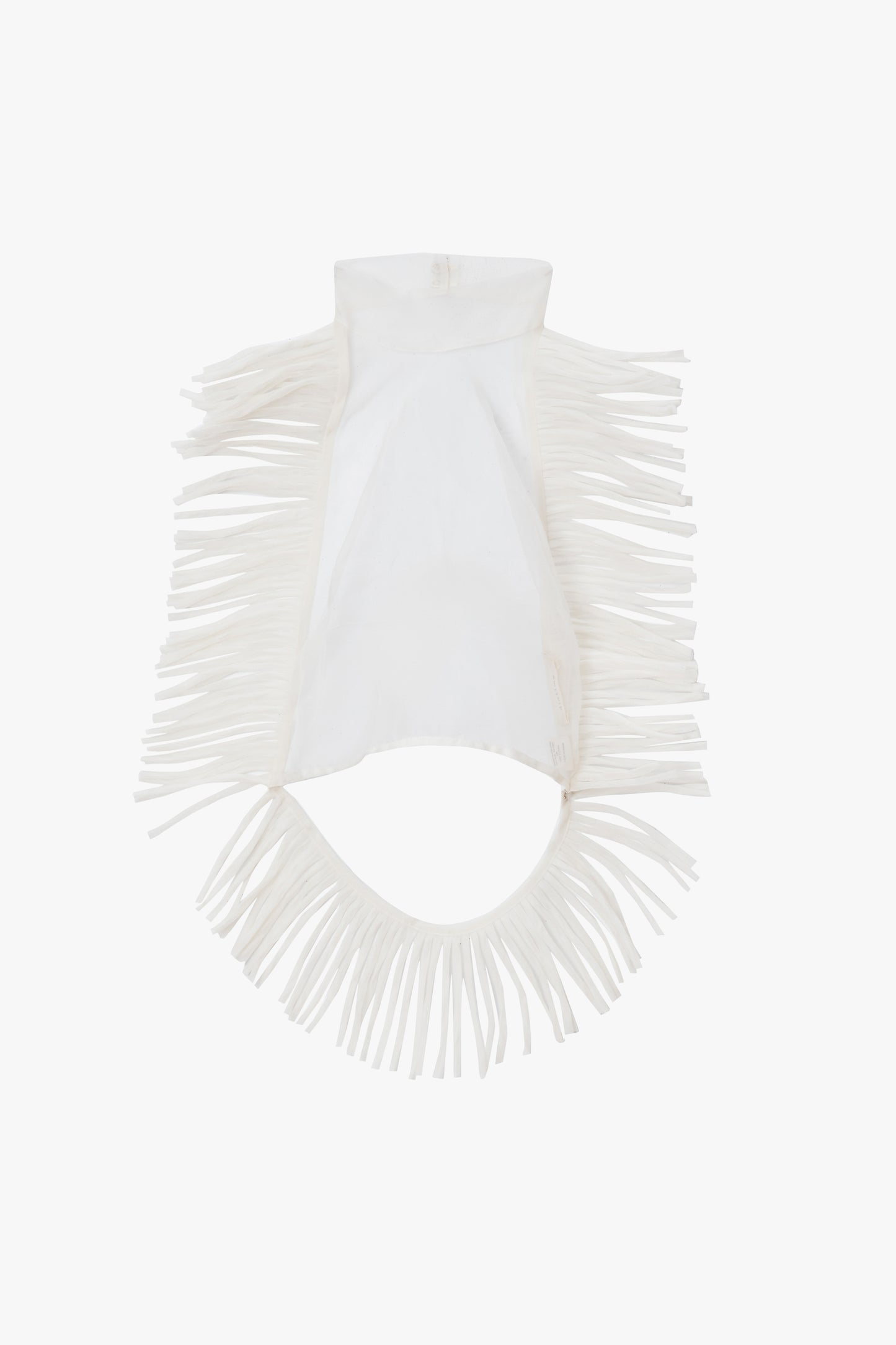 White sheer fringed top on a white background