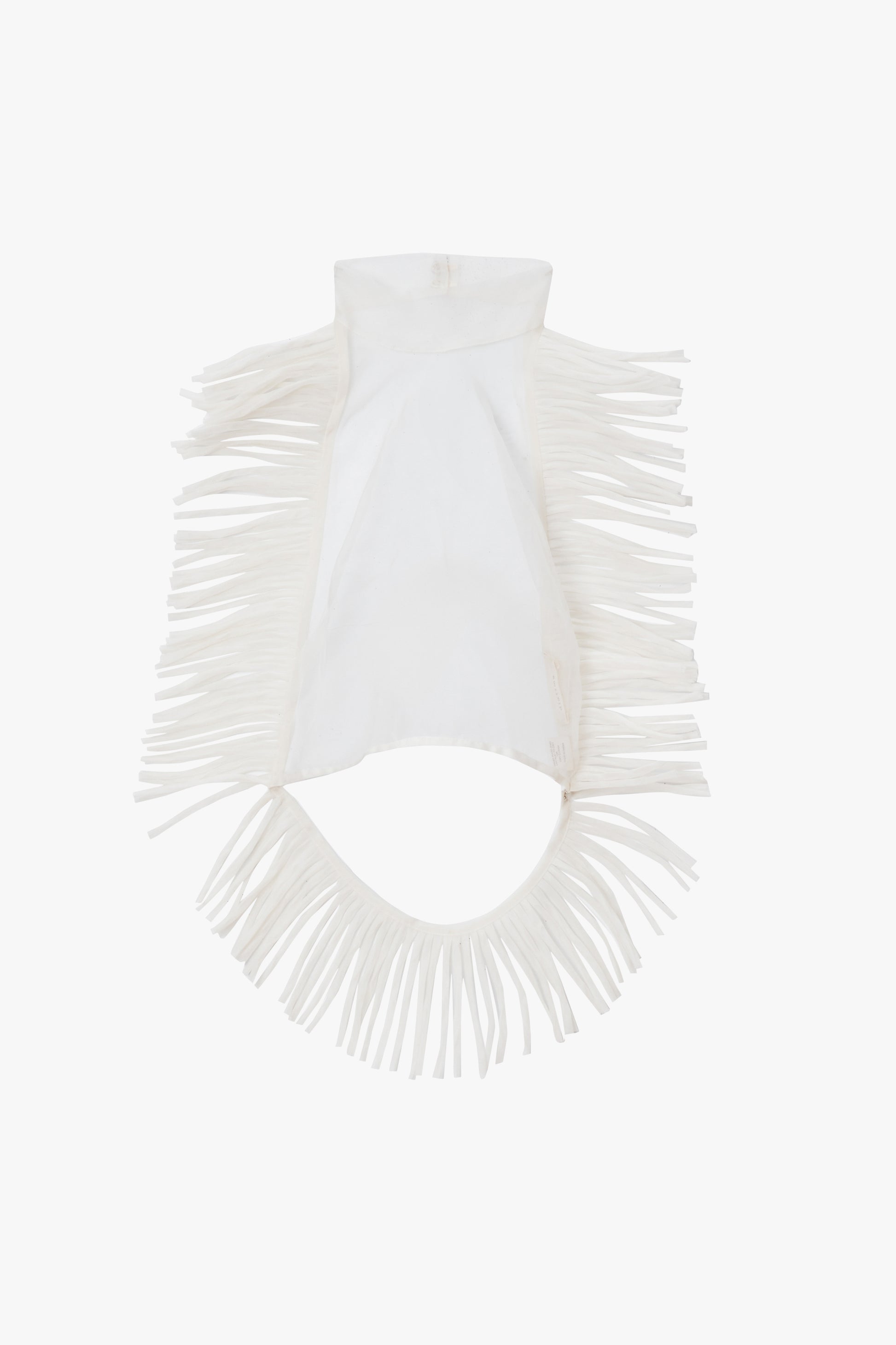 White sheer fringed top on a white background