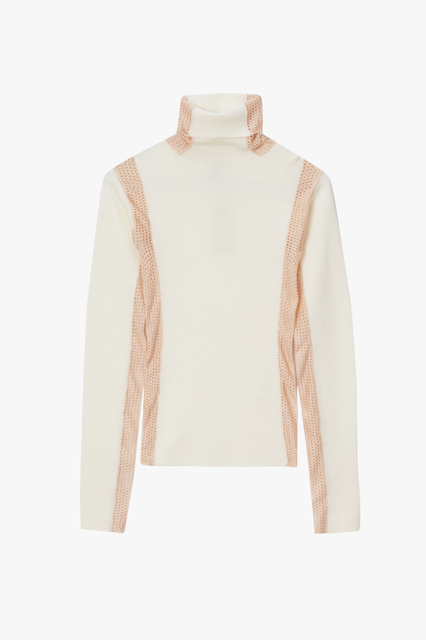 Cream-colored turtleneck sweater with mesh accents on a white background