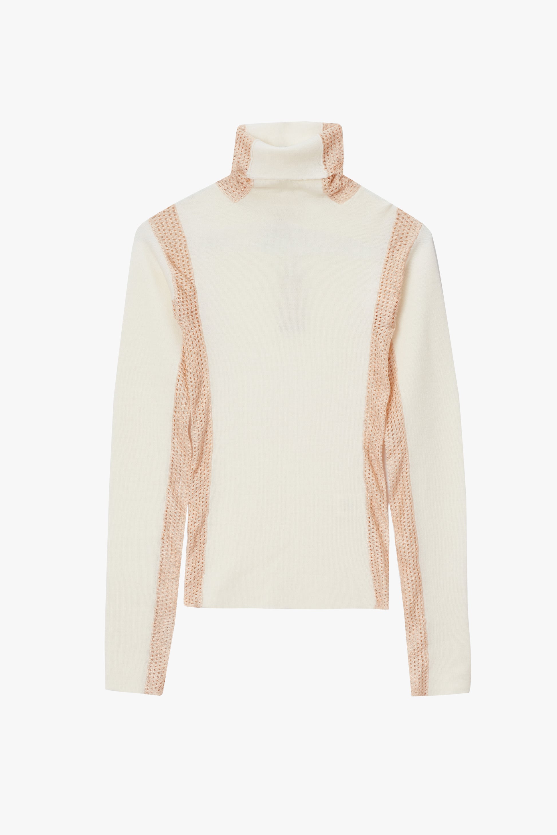 Cream-colored turtleneck sweater with mesh accents on a white background