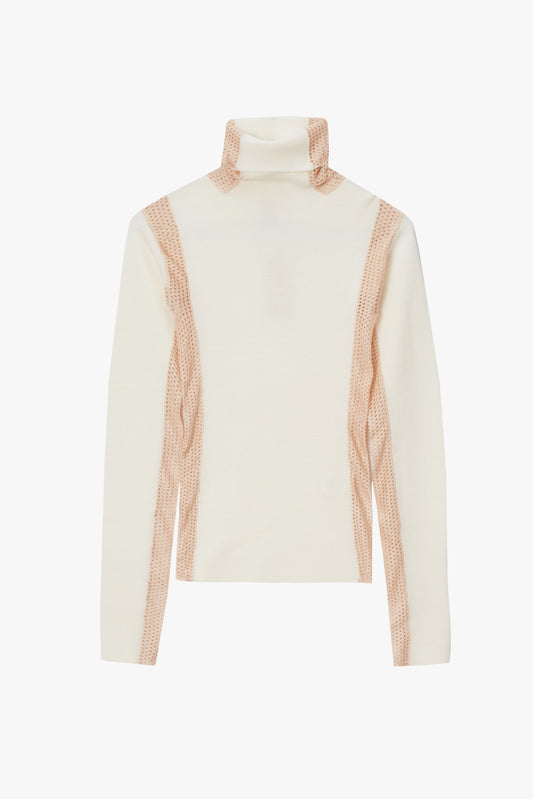 Cream-colored turtleneck sweater with mesh accents on a white background