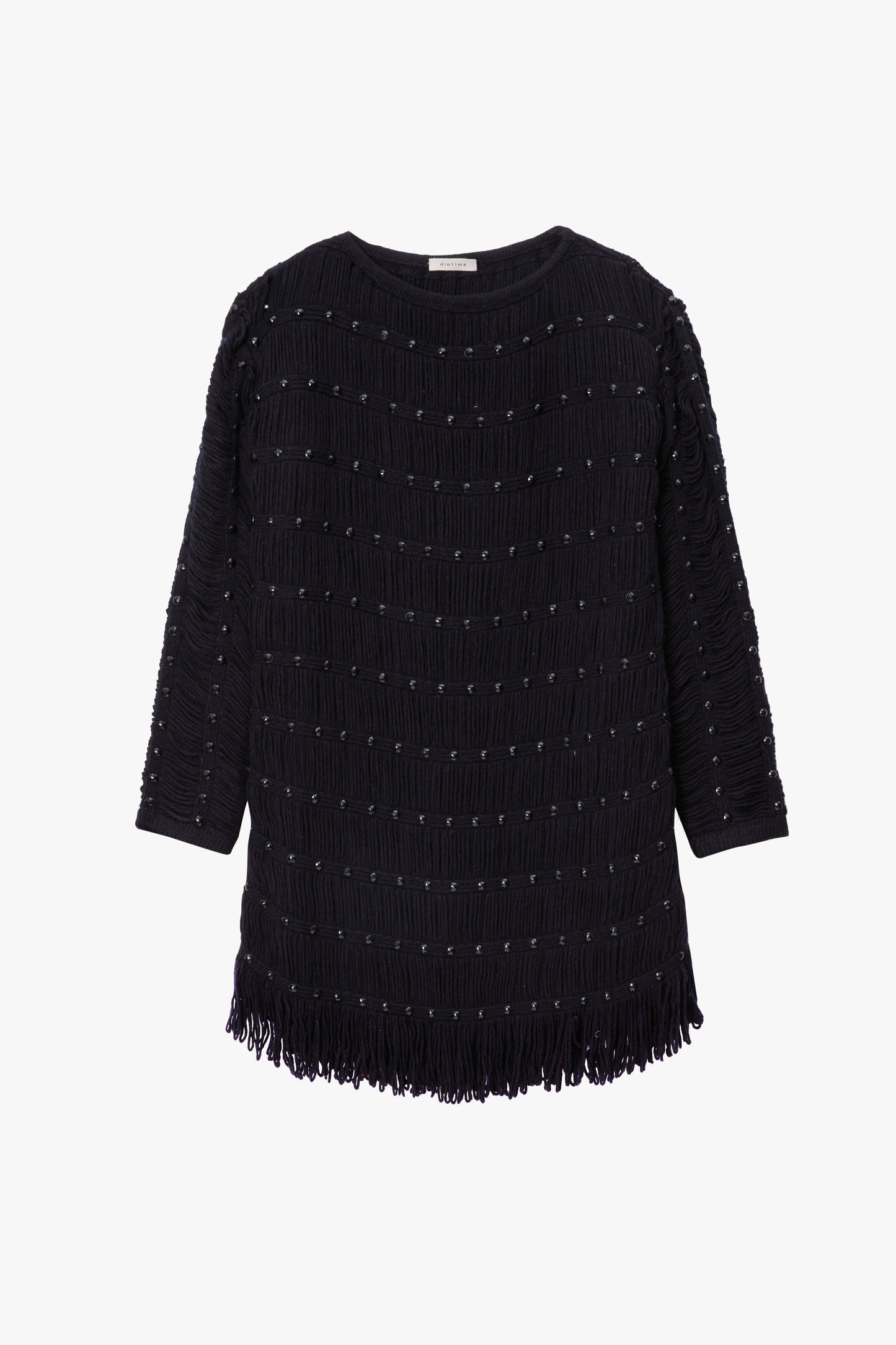 Black knit dress with fringe details on a white background