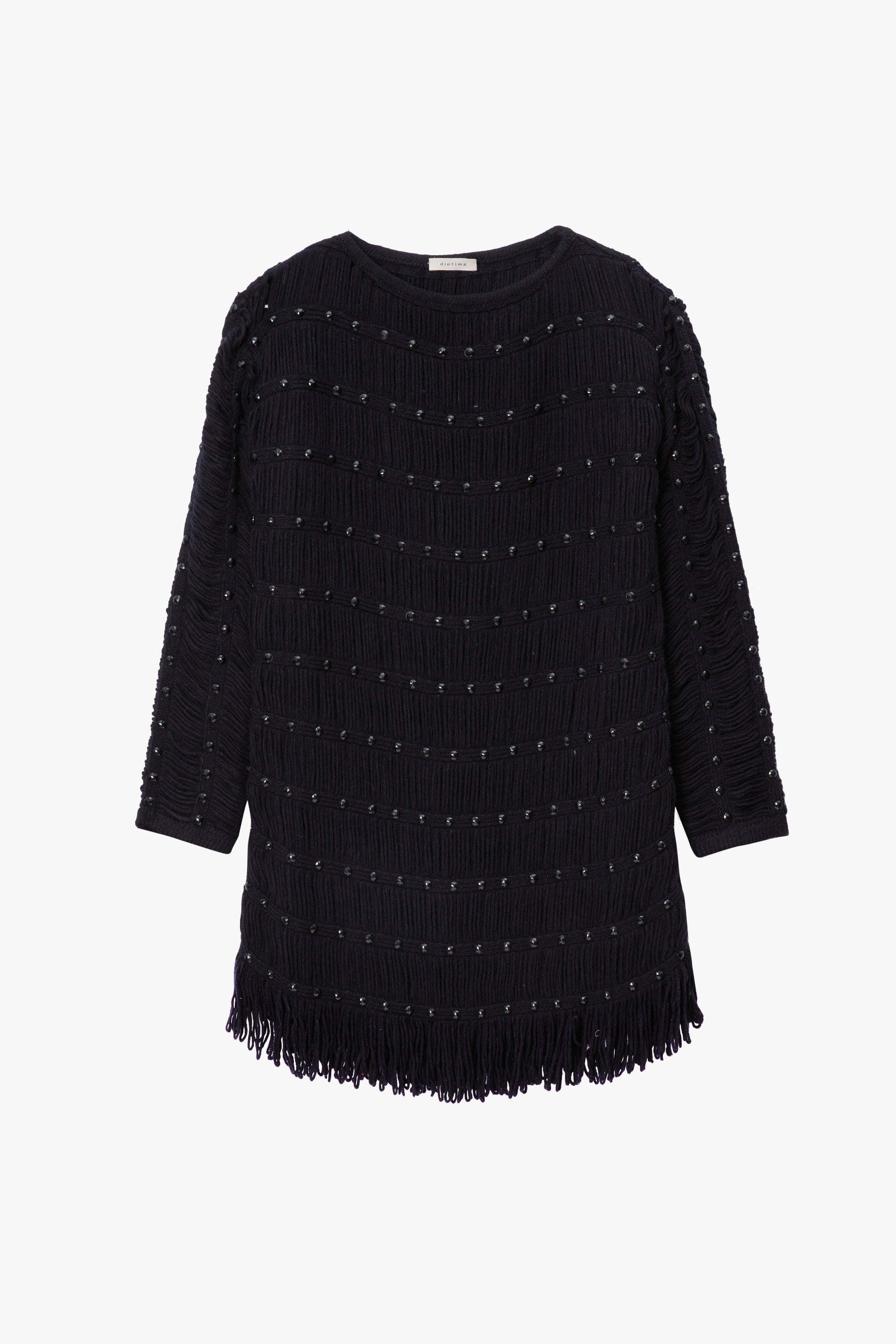 Black knit dress with fringe details on a white background