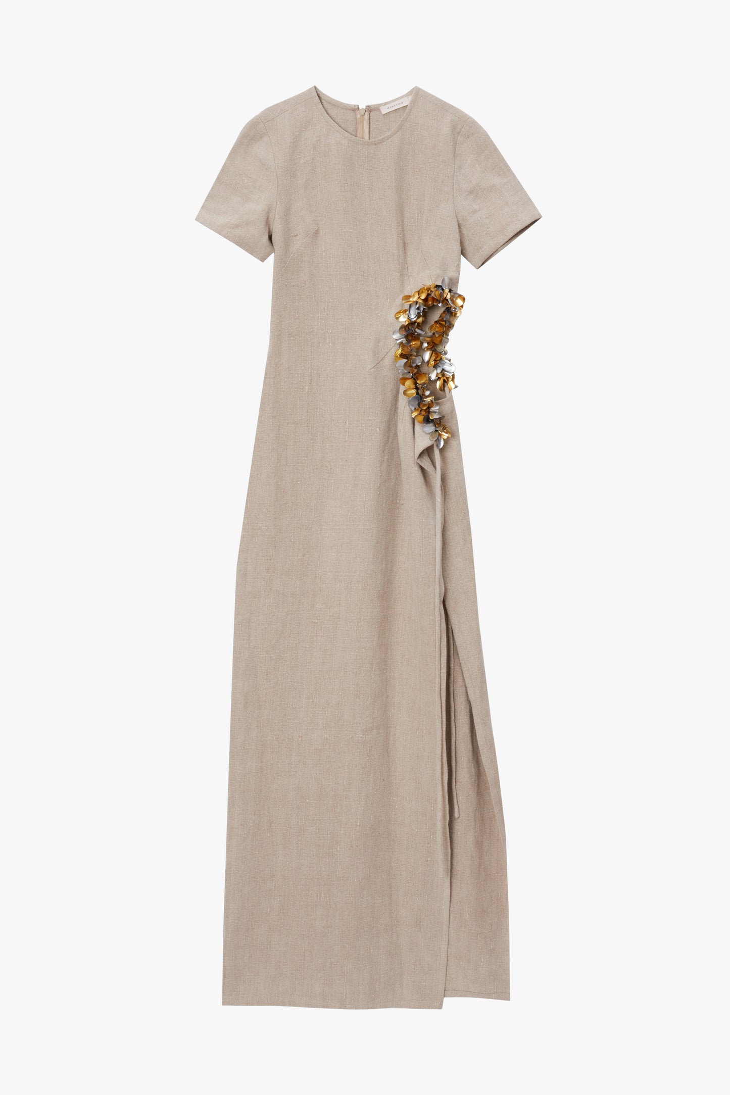 Beige dress with a waist cutout and paillette embellishments on a white background