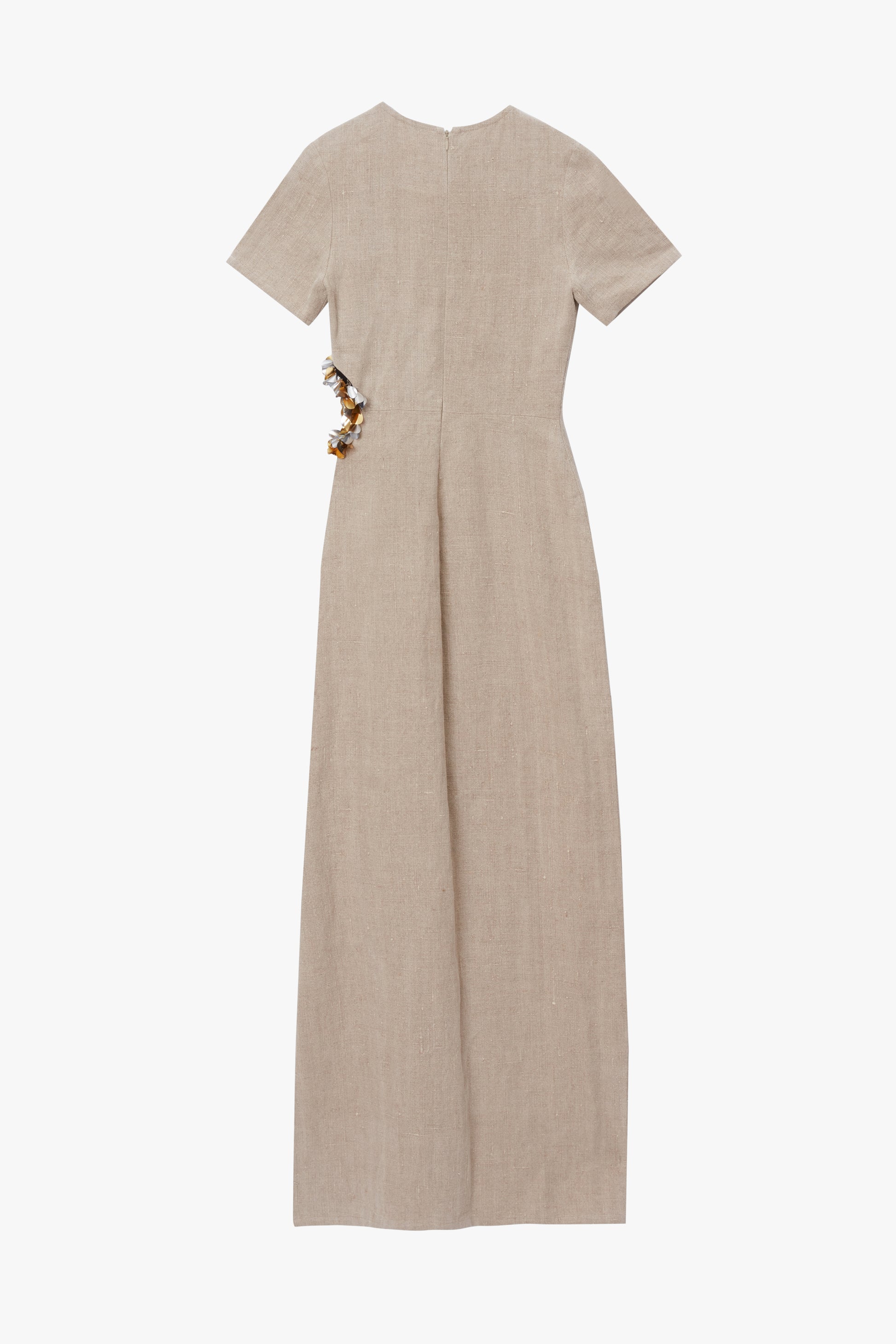 Beige dress with paillette embellishments and waist cutout on a white background