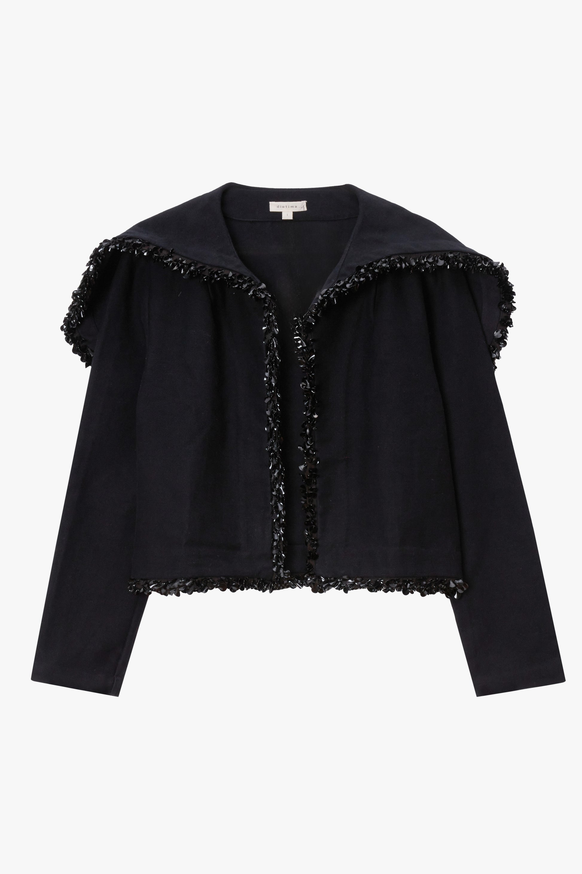 Black jacket with black paillette trim on a white background