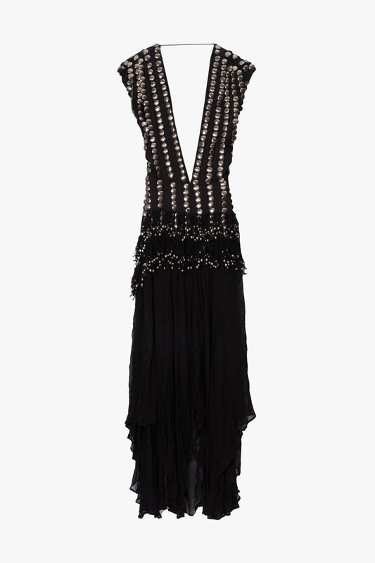 Black evening gown with beaded top on a white background