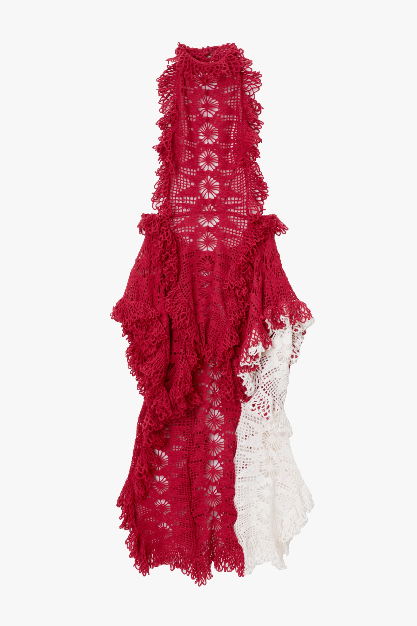 Red and white crochet lace dress on a white background