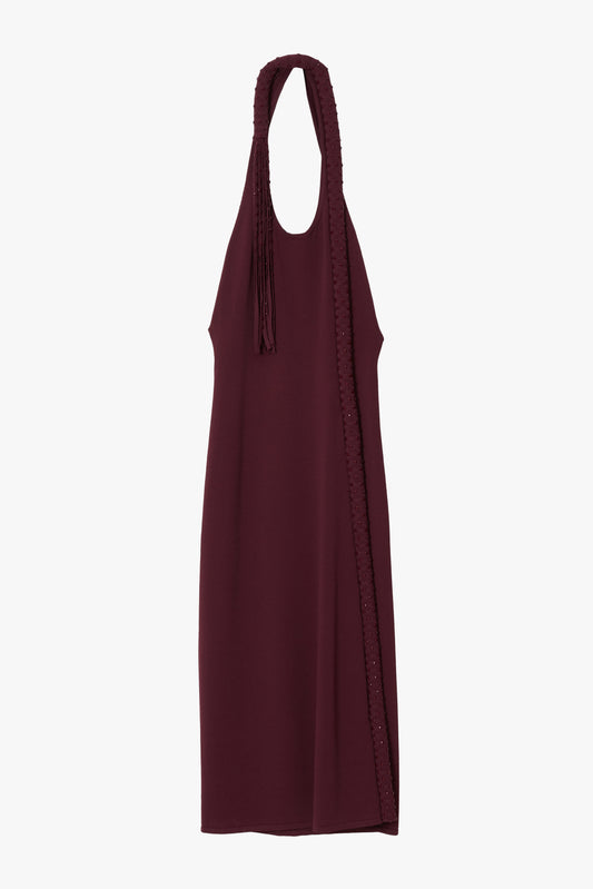 Burgundy halter neck dress on a white background