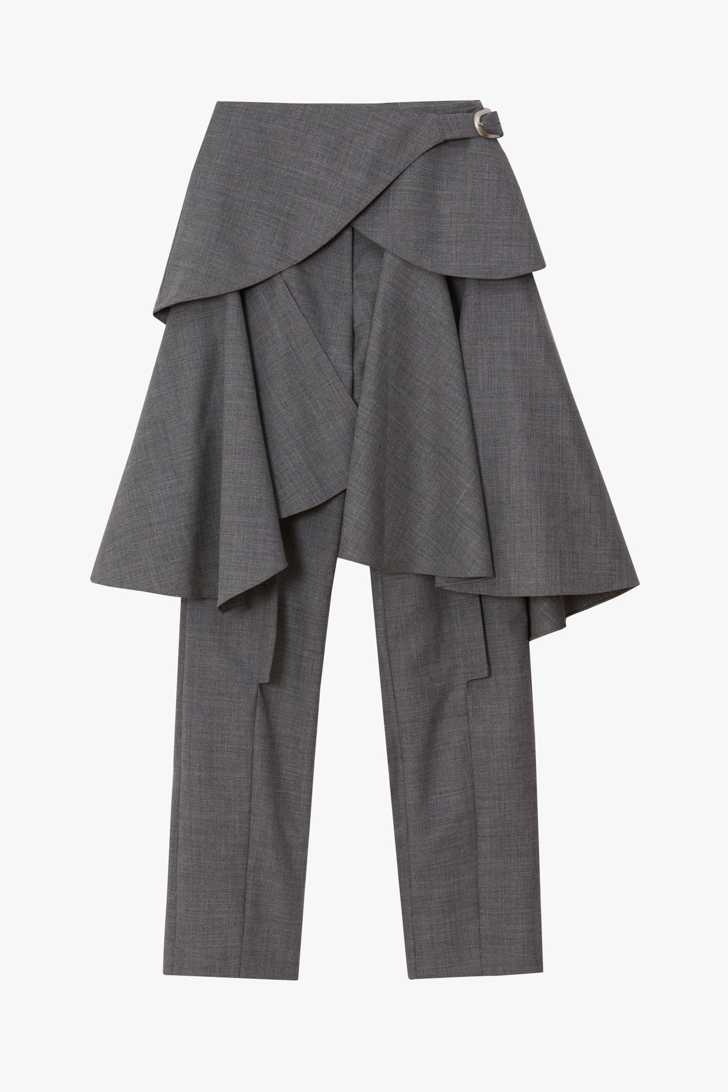 A pair of women's gray plaid trousers featuring a dramatic, asymmetrical layered wrap skirt overlay with a small silver buckle detail at the waist, shown against a plain white background.