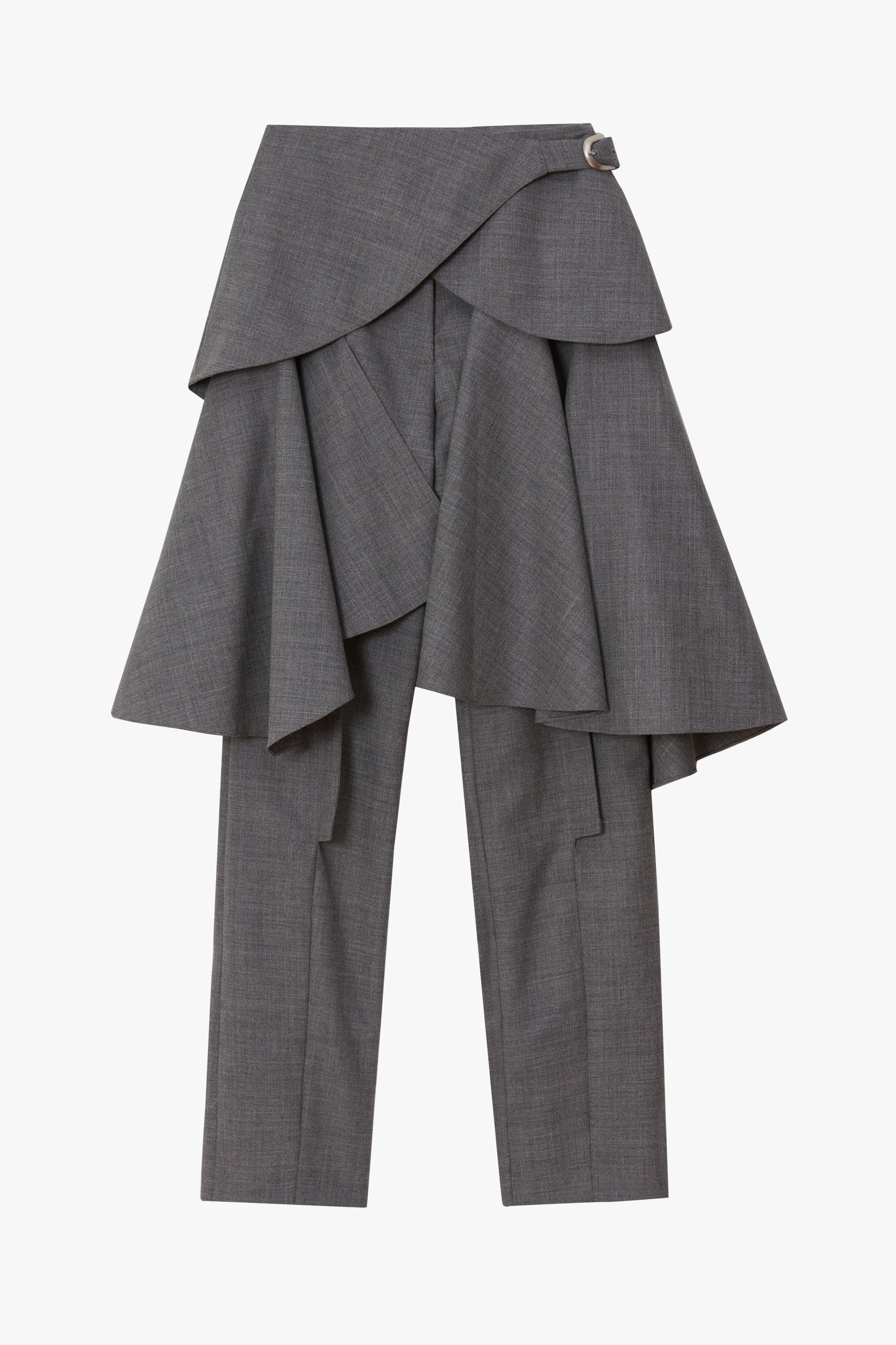 A pair of women's gray plaid trousers featuring a dramatic, asymmetrical layered wrap skirt overlay with a small silver buckle detail at the waist, shown against a plain white background.