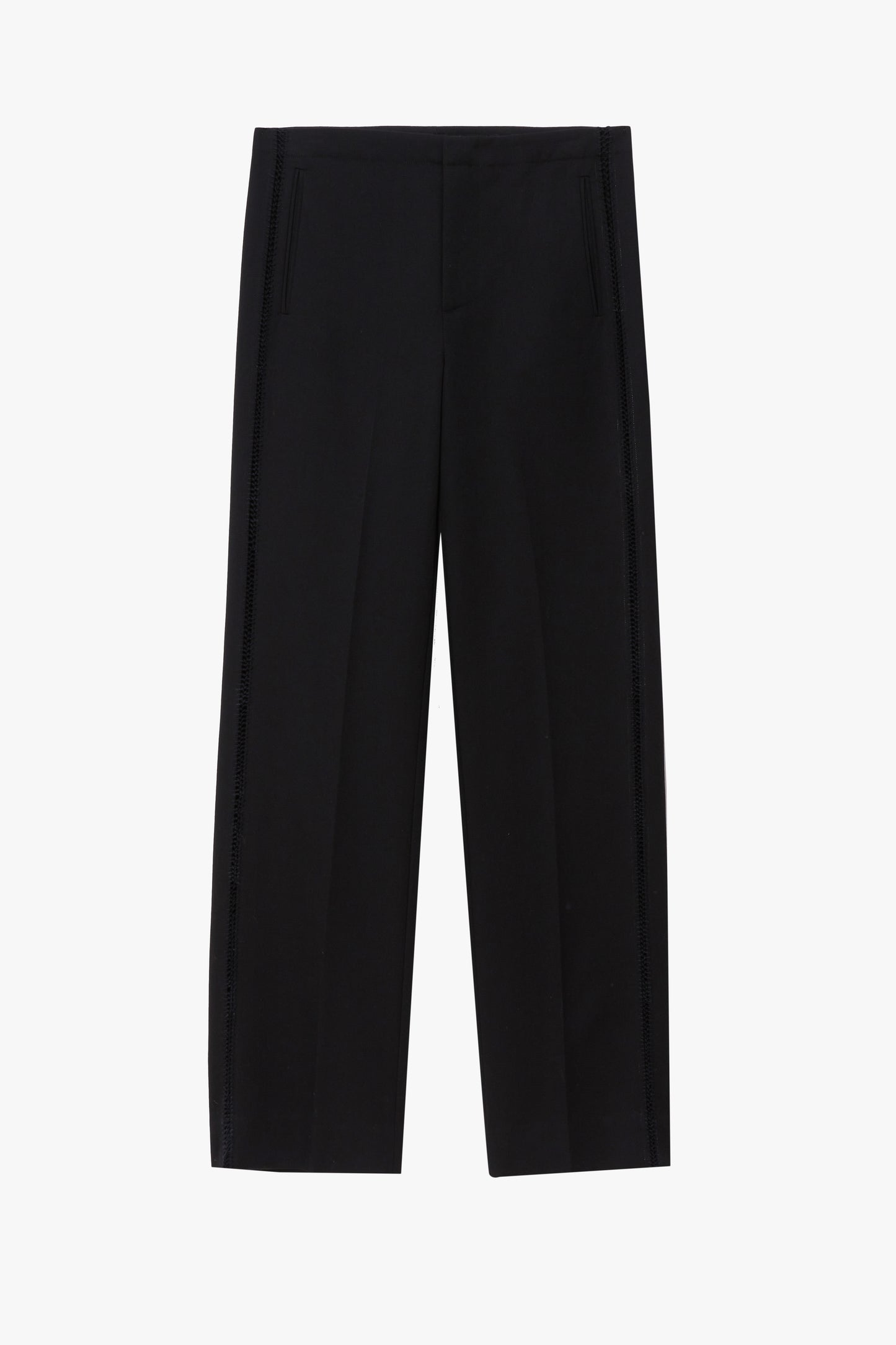 Flat image of a black wool pant with a vertical stitched detail. The pants are pictured against a plain light gray background