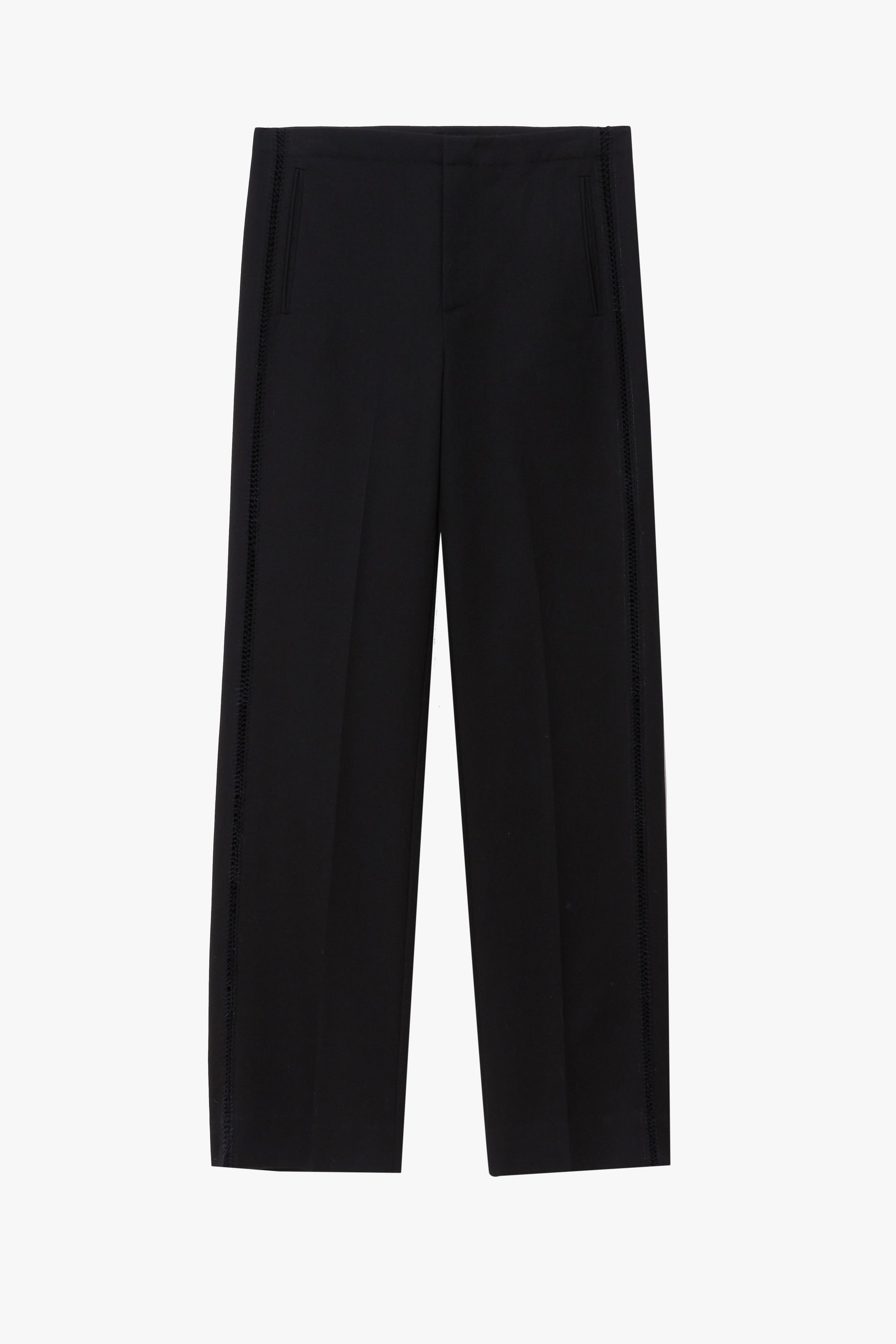 Flat image of a black wool pant with a vertical stitched detail. The pants are pictured against a plain light gray background