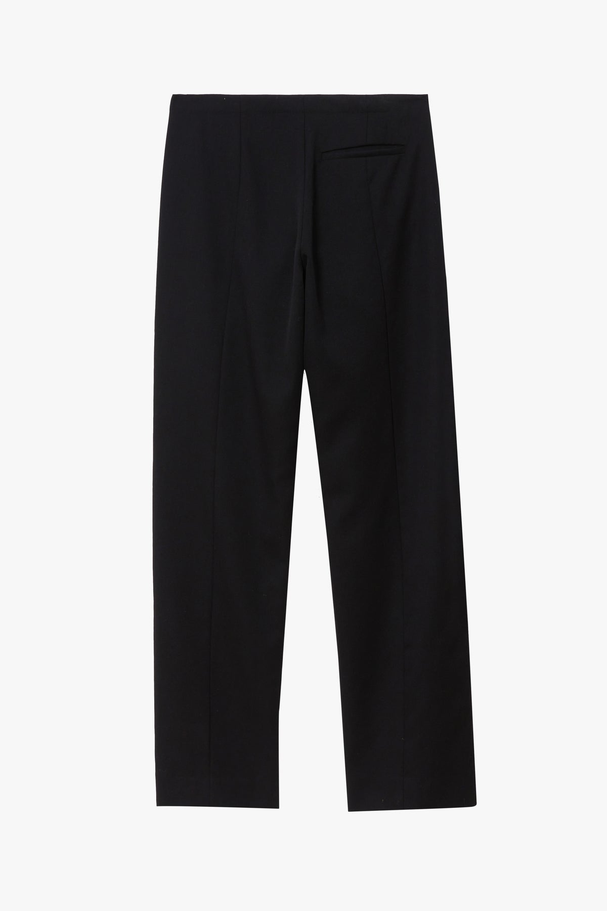 Flat image of a black wool pant with a vertical stitched detail. The pants are pictured from the back, against a plain light gray background