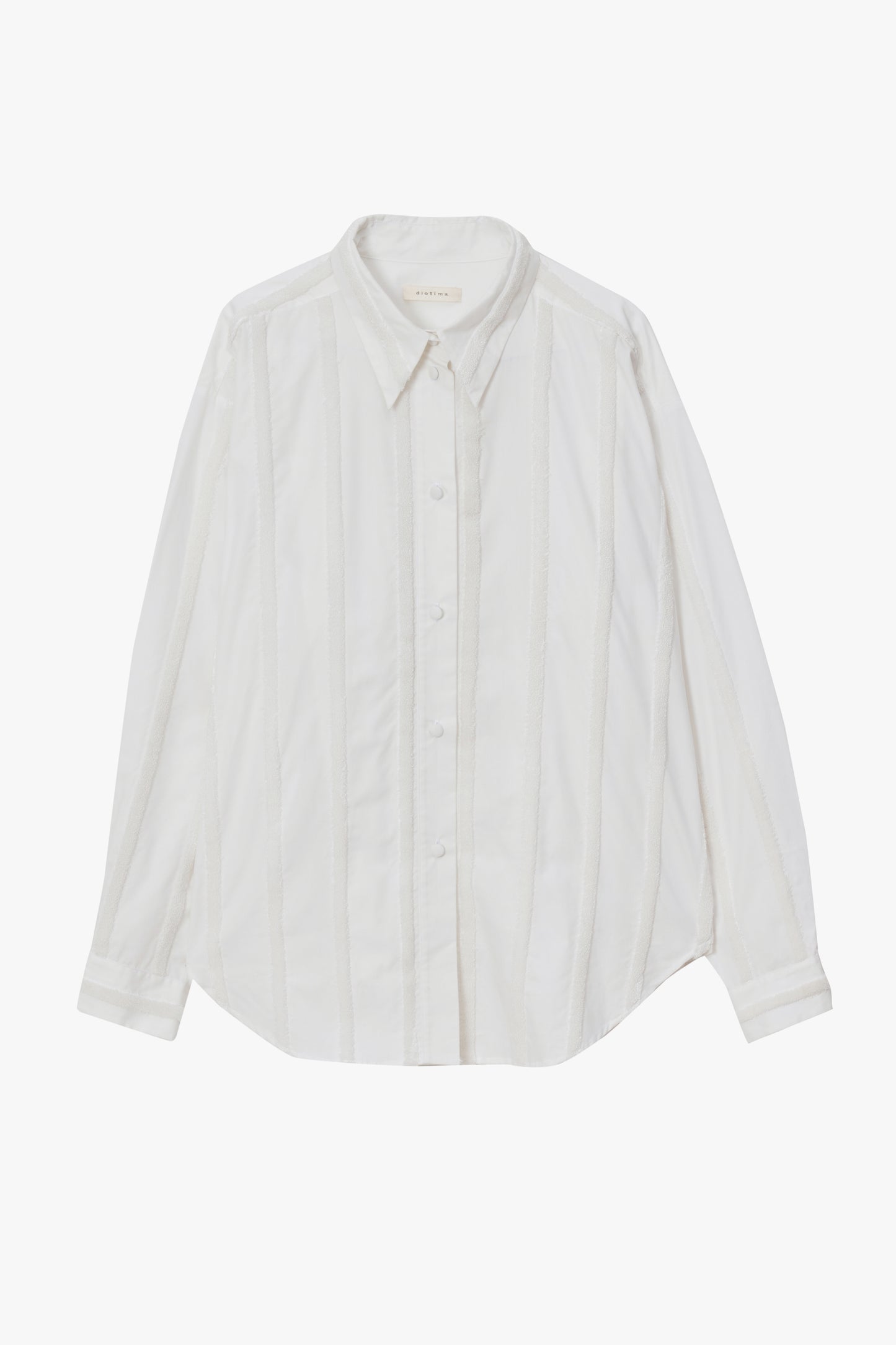 A white long-sleeve button-up shirt with a pointed collar, laid flat against a light gray background.