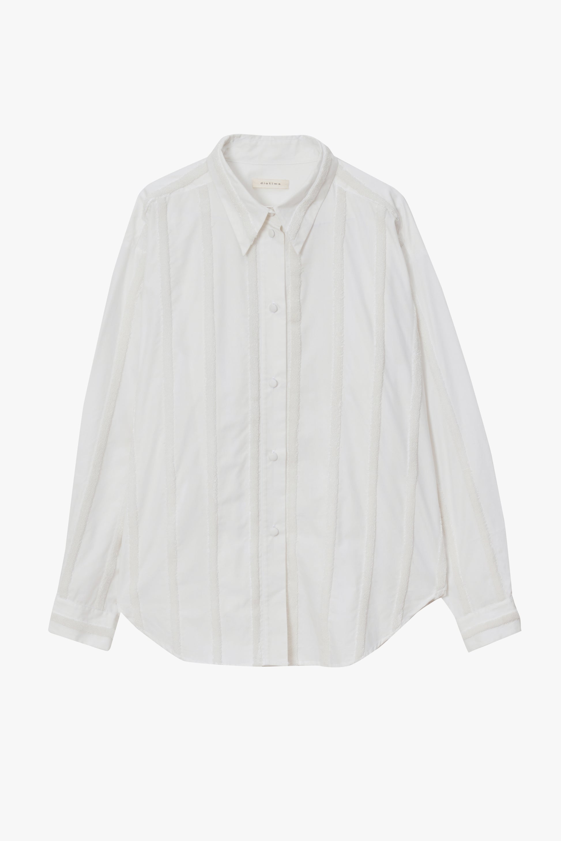 A white long-sleeve button-up shirt with a pointed collar, laid flat against a light gray background.