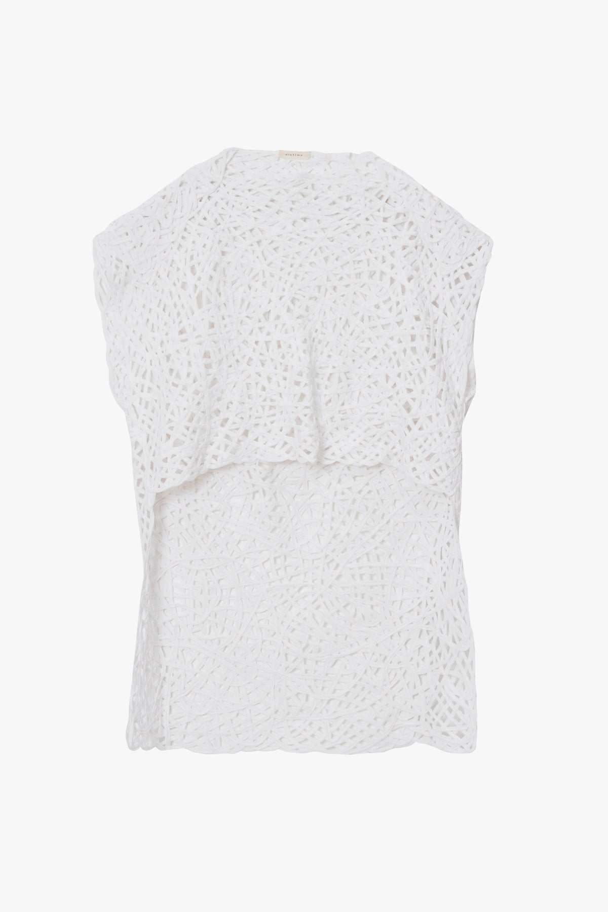 White short sleeve top with a textured openwork pattern, shown against a plain white background.