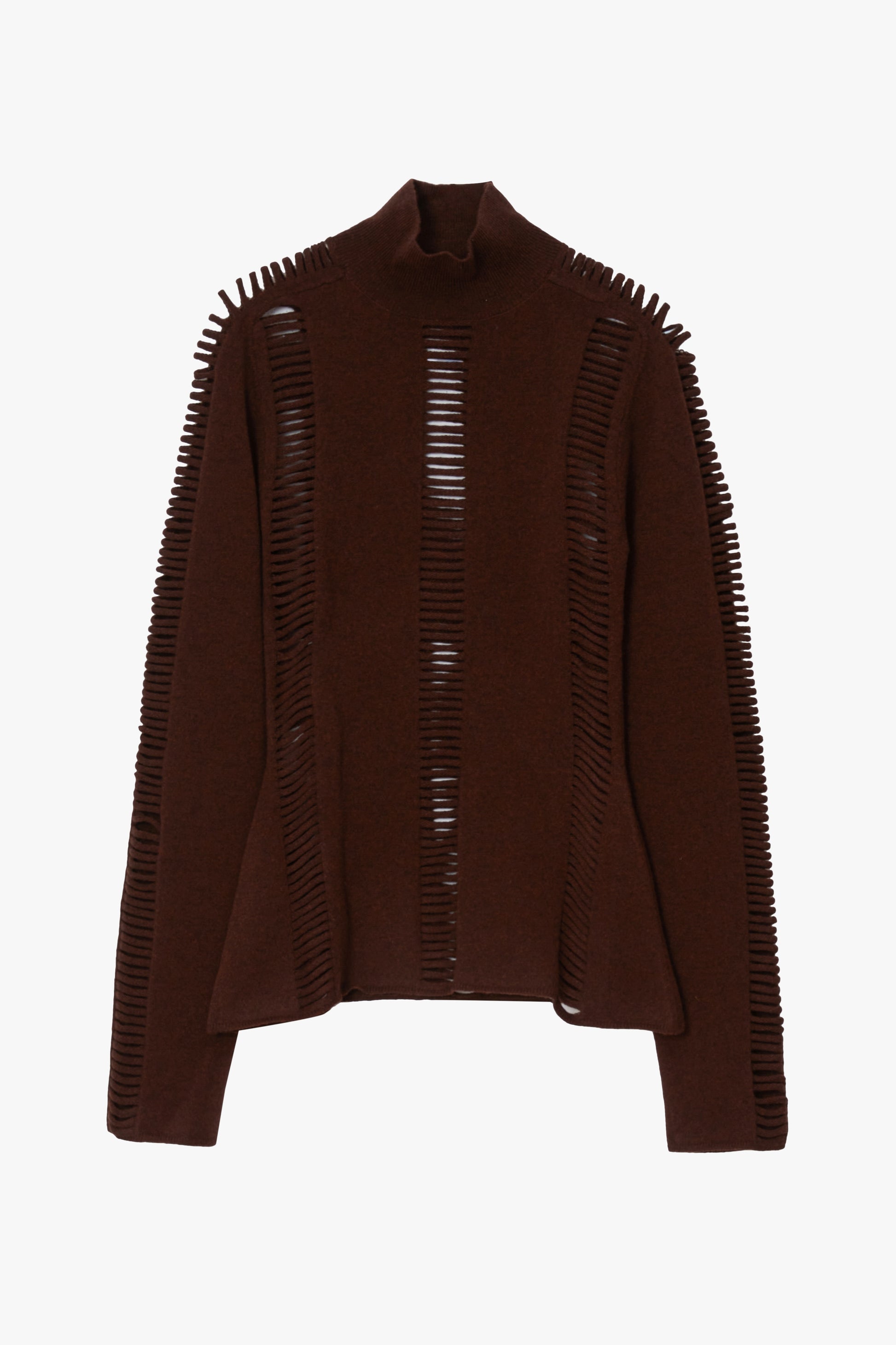 A brown knit mock-neck sweater with vertical knit cutouts along the shoulders and sleeves