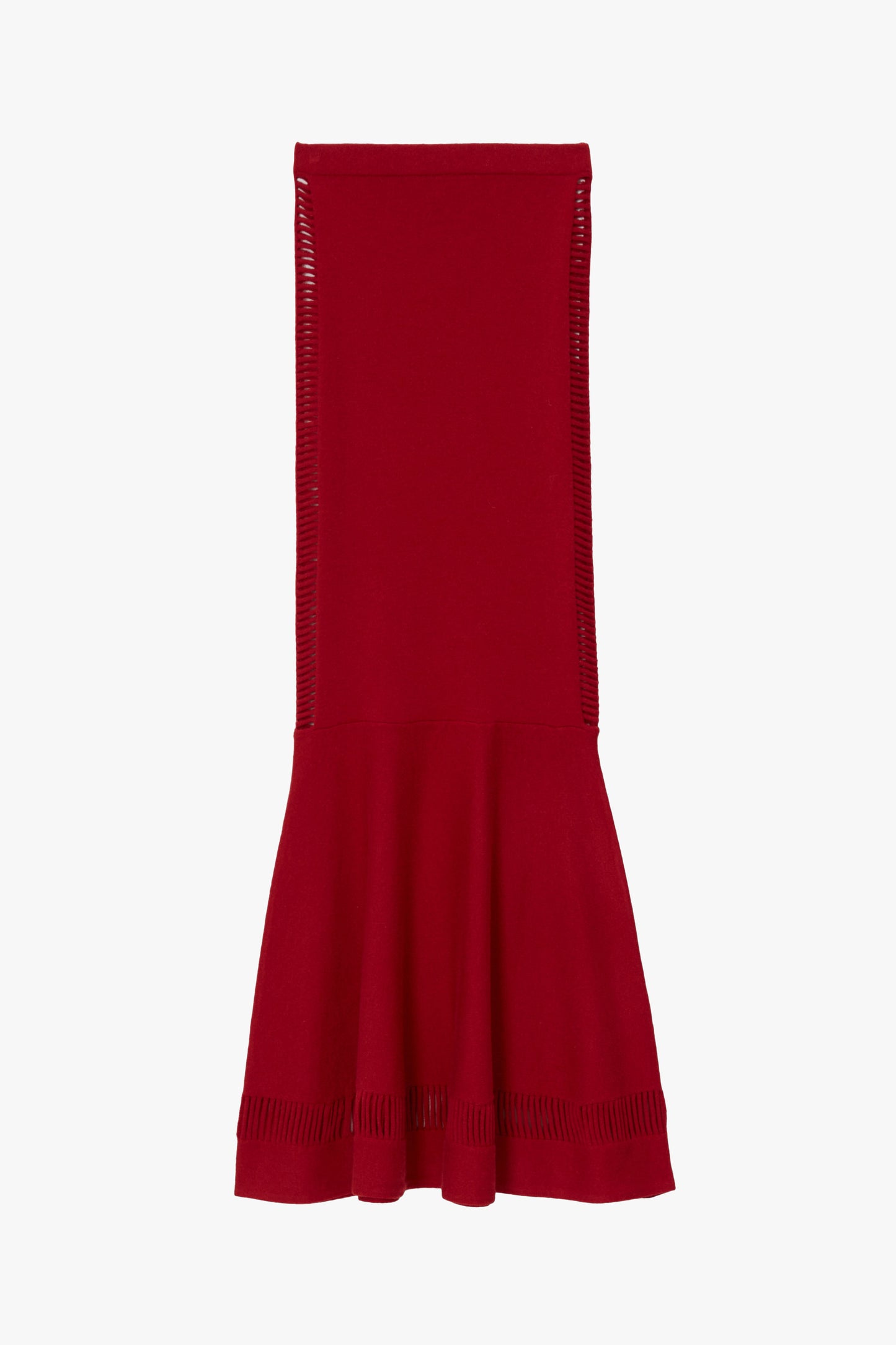 Red wool skirt with cut outs on sides pictured flat on a white background.