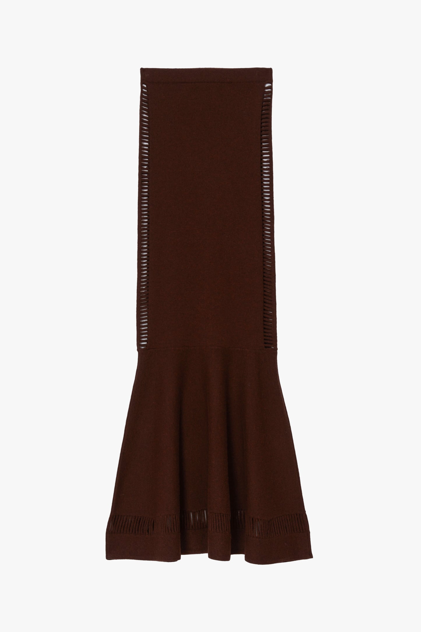 Molasses color wool skirt with cut outs on sides pictured flat on a white 