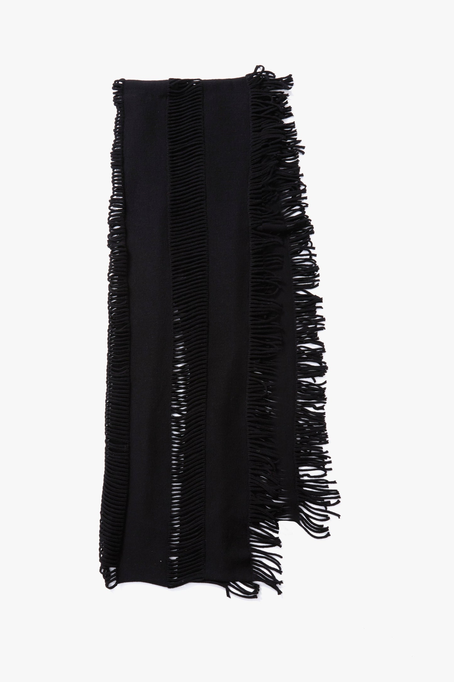 A black knit scarf with fringed edges, displayed flat against a white background.