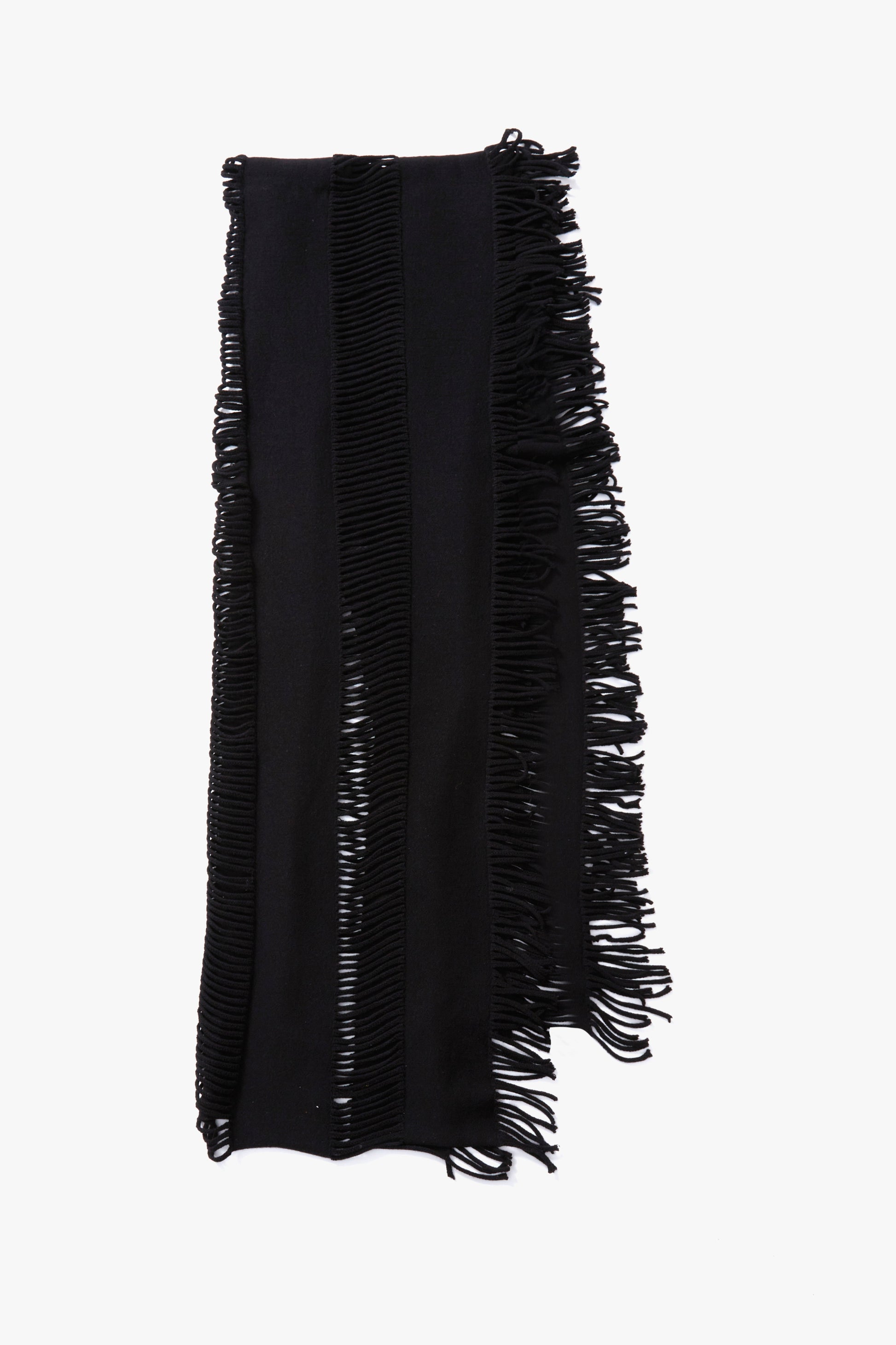 A black knit scarf with fringed edges, displayed flat against a white background.