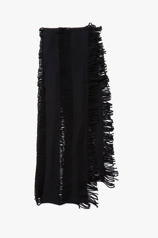 A black knit scarf with fringed edges, displayed flat against a white background.