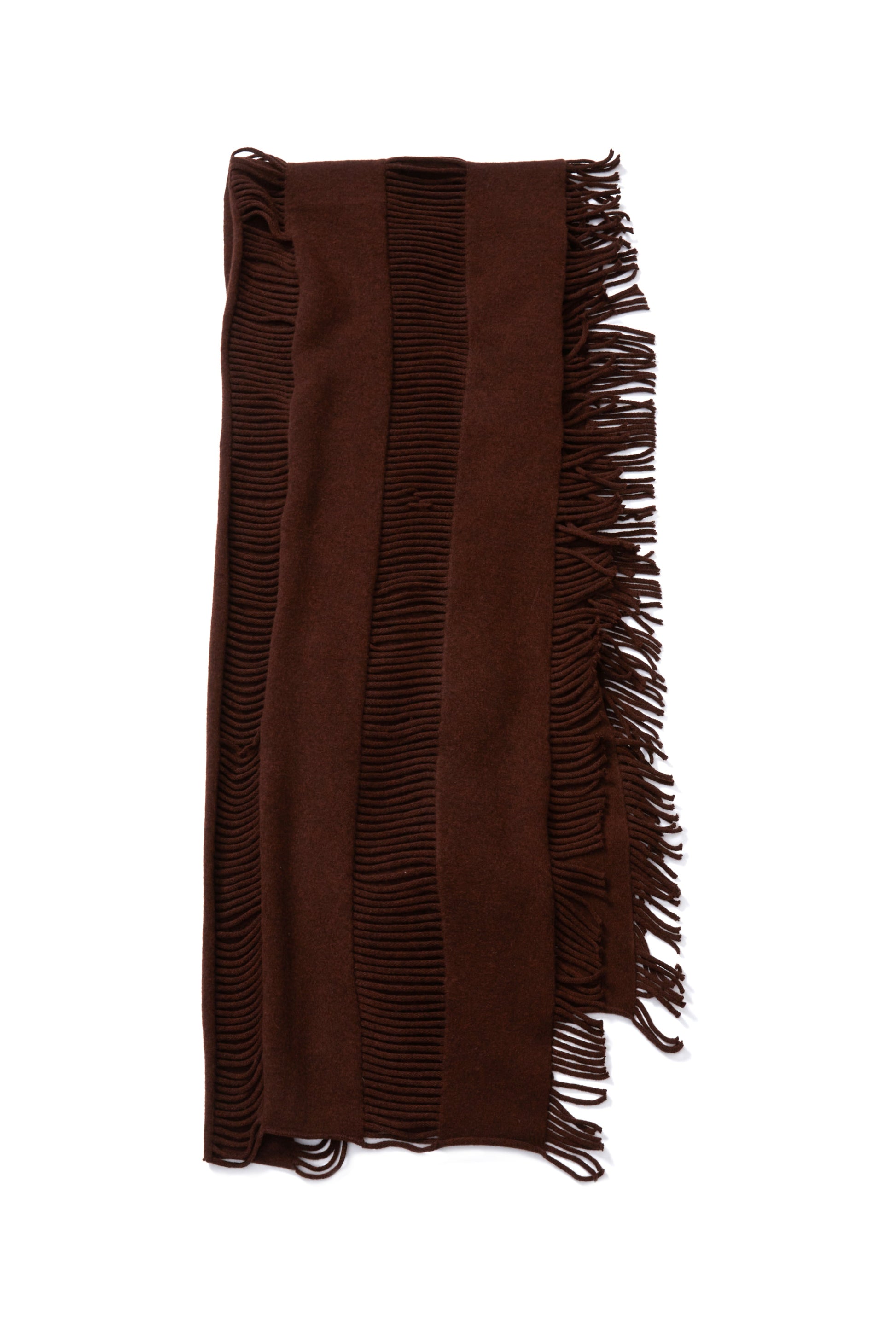 A dark brown knit scarf with vertical fringe detailing, laid flat against a solid white background.