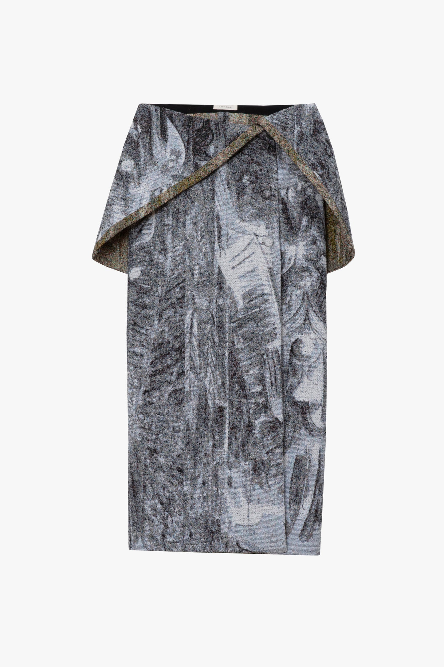 A long draped skirt with a multi-color print. Shown against a white background.