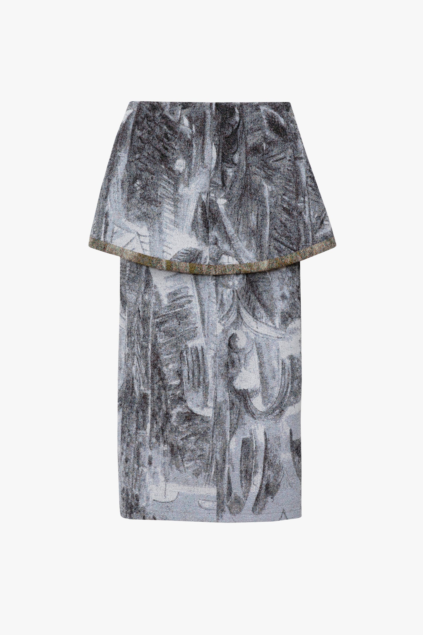 The back of a long draped skirt with a multi-color print. Shown against a white background.
