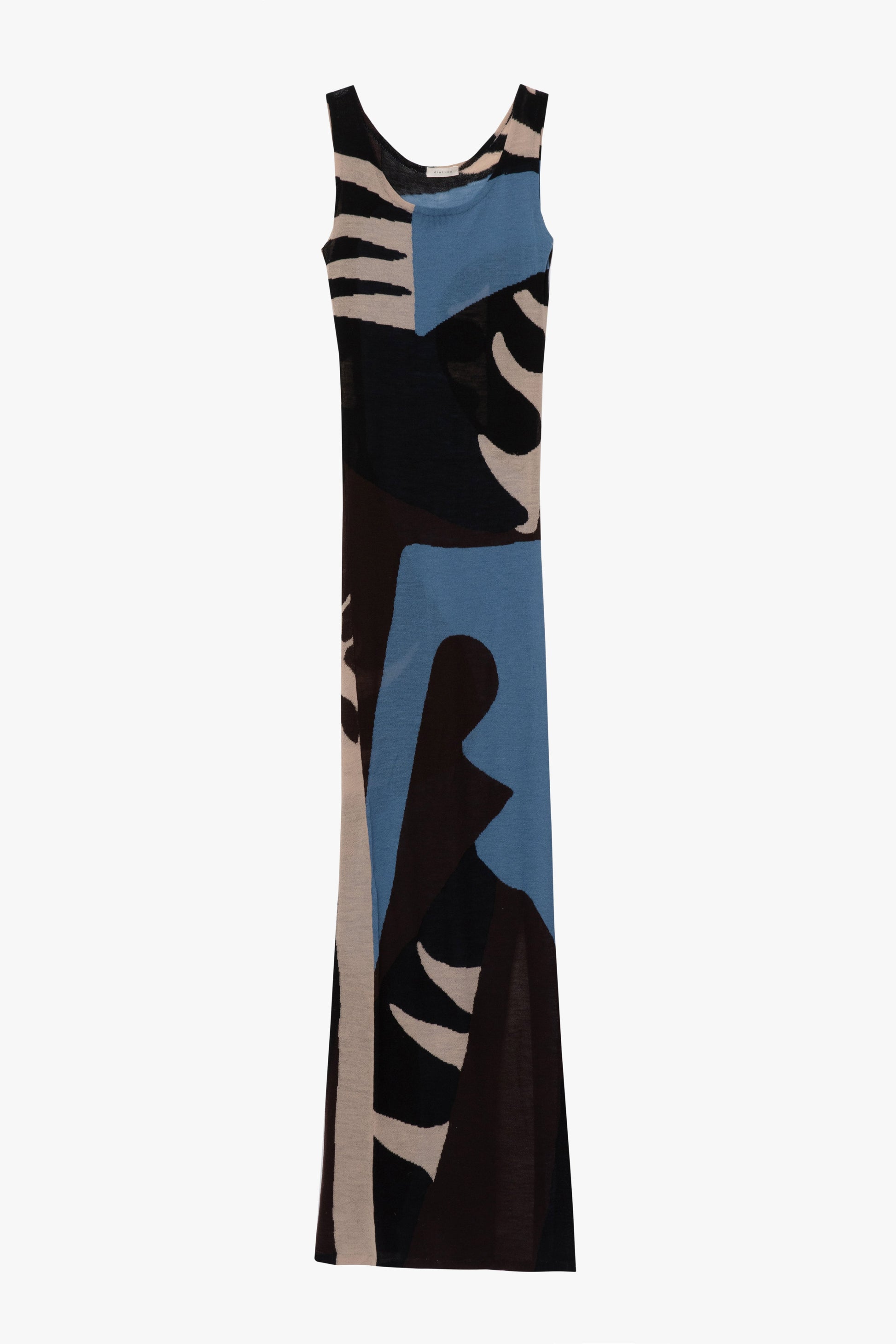 A sleeveless long dress featuring an abstract, stylized print in shades of blue, black, and beige, displayed against a solid white background.
