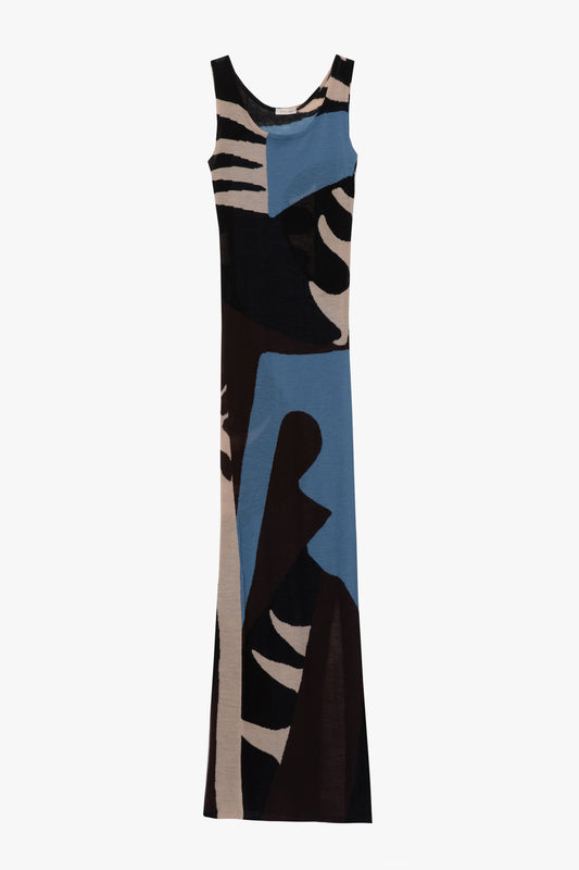 A sleeveless long dress featuring an abstract, stylized print in shades of blue, black, and beige, displayed against a solid white background.