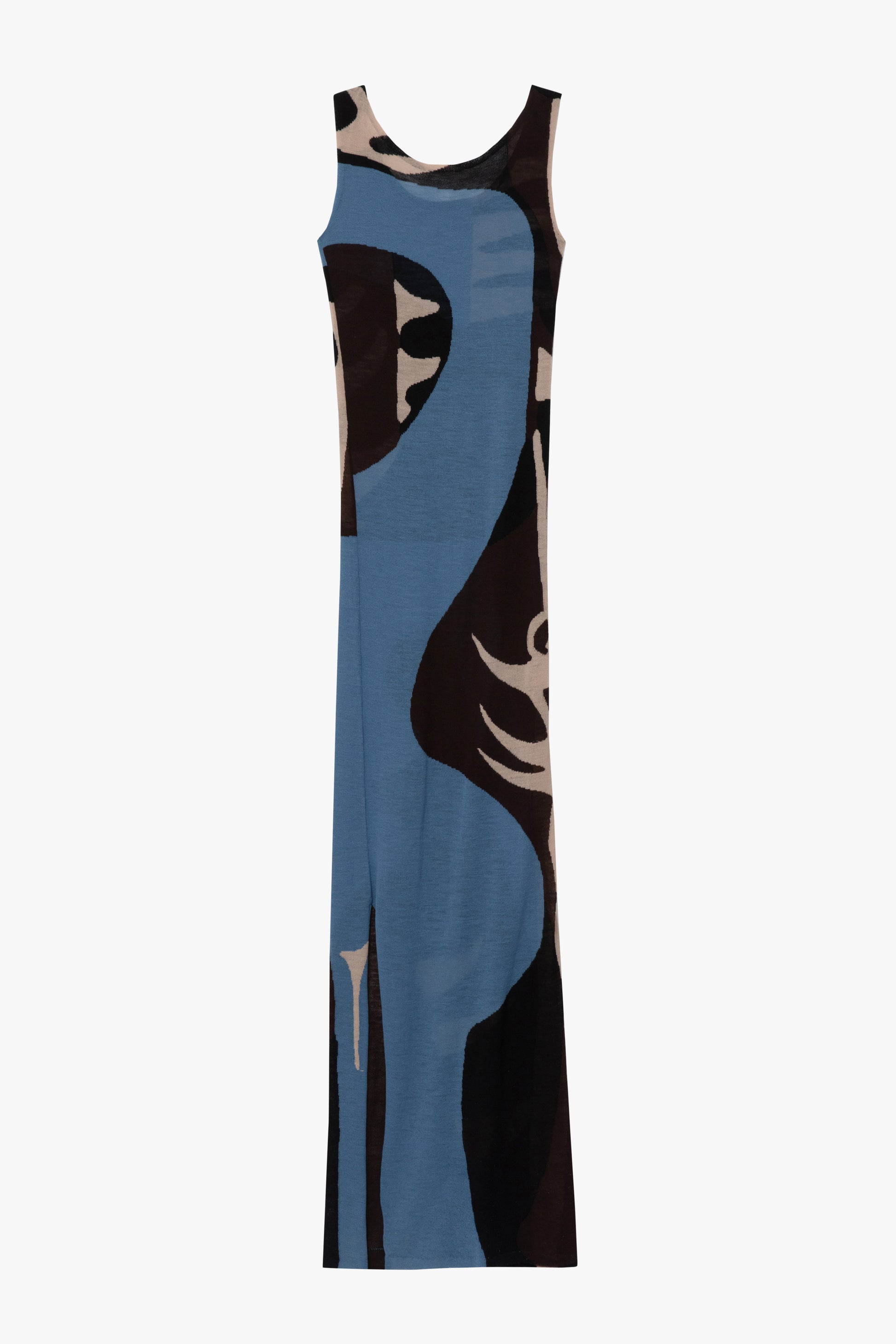 The back of a sleeveless long dress featuring an abstract, stylized print in shades of blue, black, and beige, displayed against a solid white background.