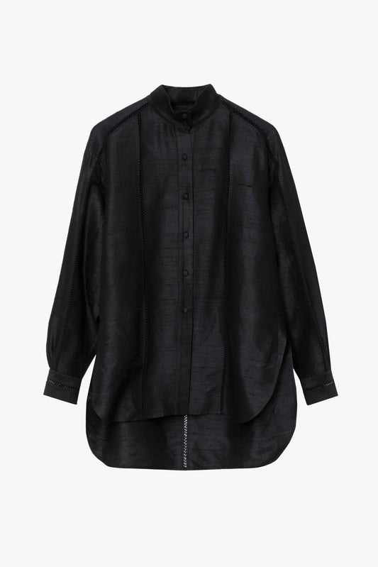 A black long-sleeve silk button-up shirt with a high collar, photographed flat against a light gray background.