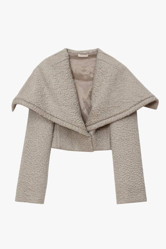 A cropped mohair-blend jacket with a wide draped collar and long sleeves. Displayed flat against a white background.