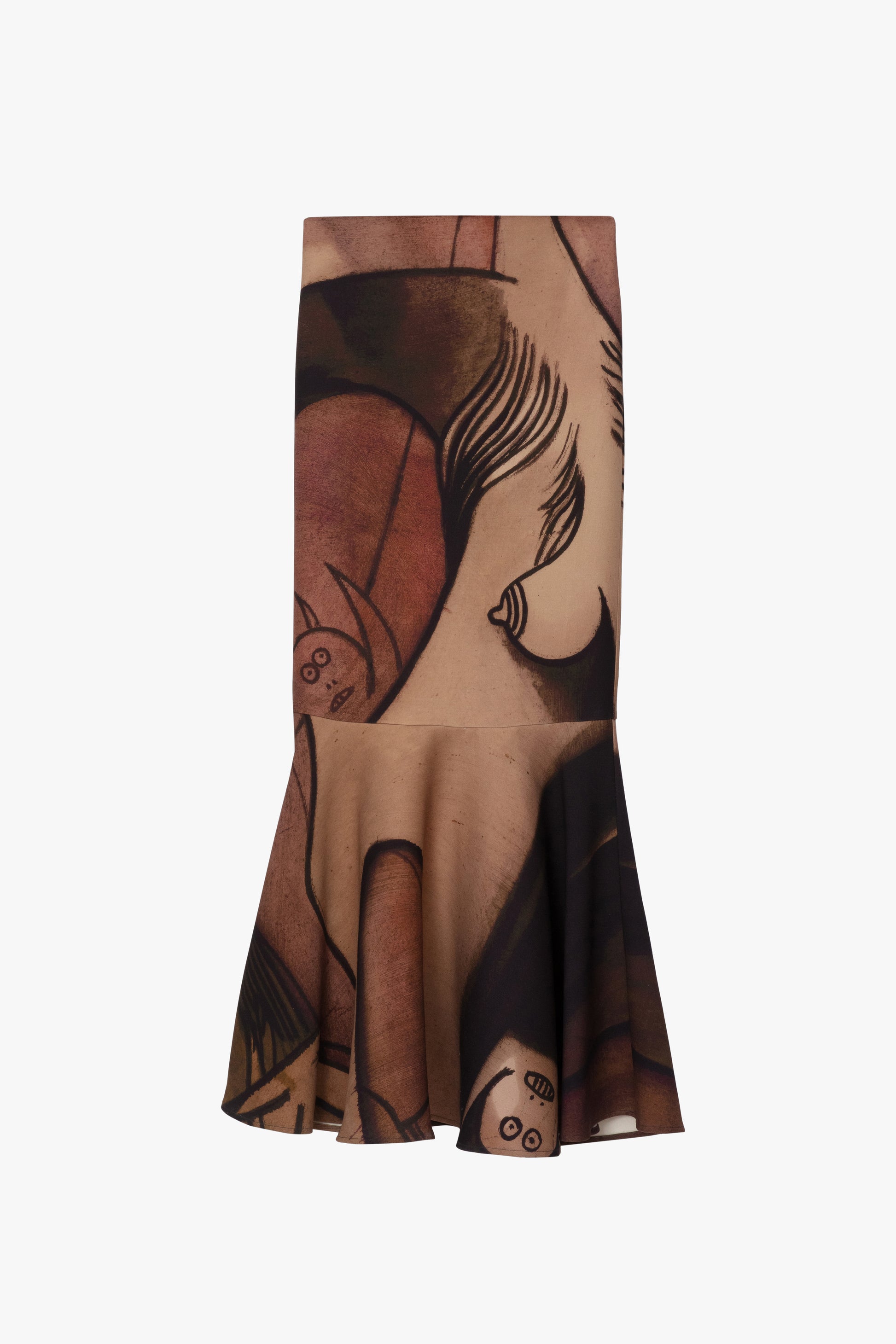A flat image of a long mermaid-tail shaped skirt featuring an abstract painterly  print in brown, tan, and black.