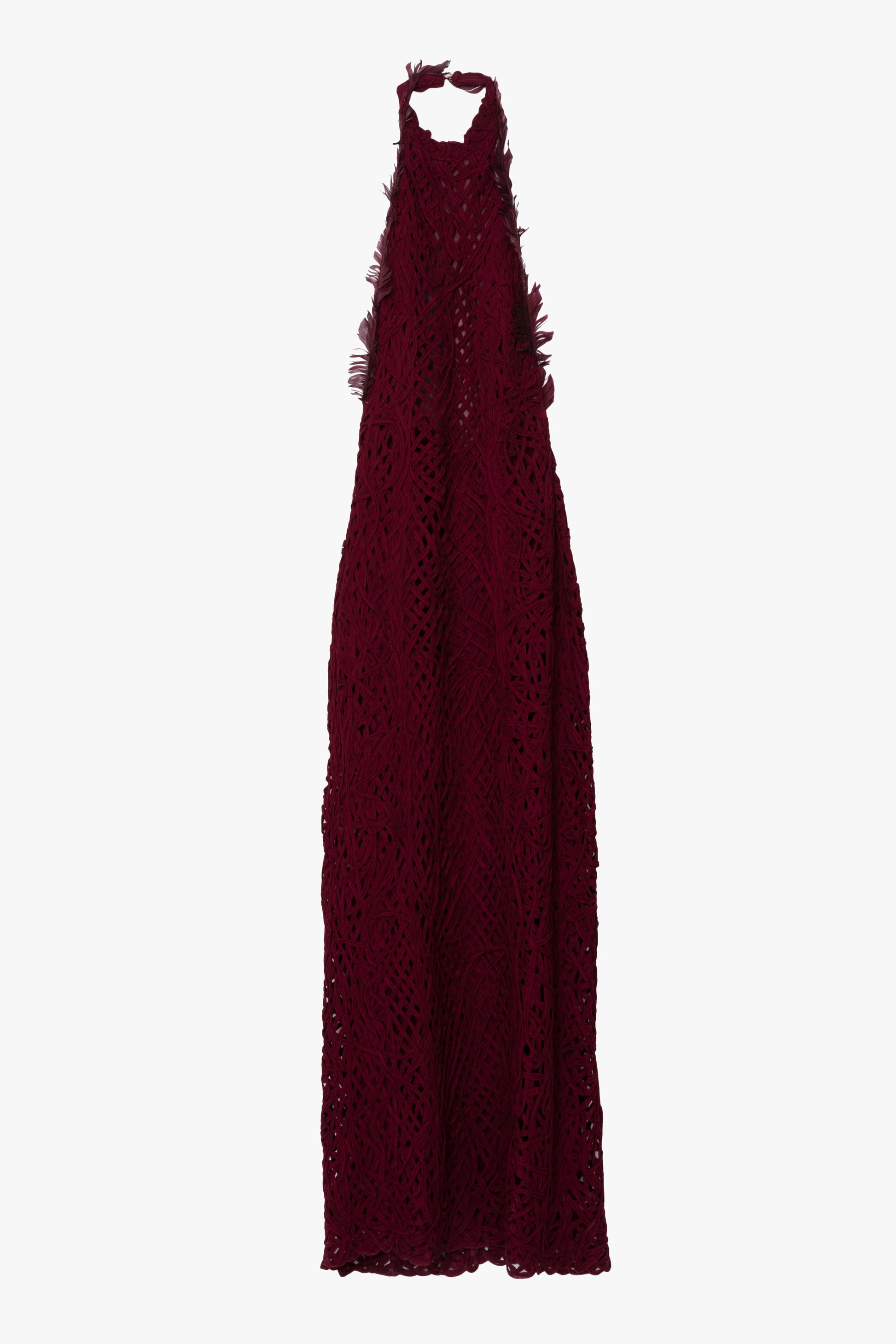 A burgundy dress shown against a white background. The dress is a textured halter gown in a deep burgundy color. The dress features burgundy feather details and a large open back.