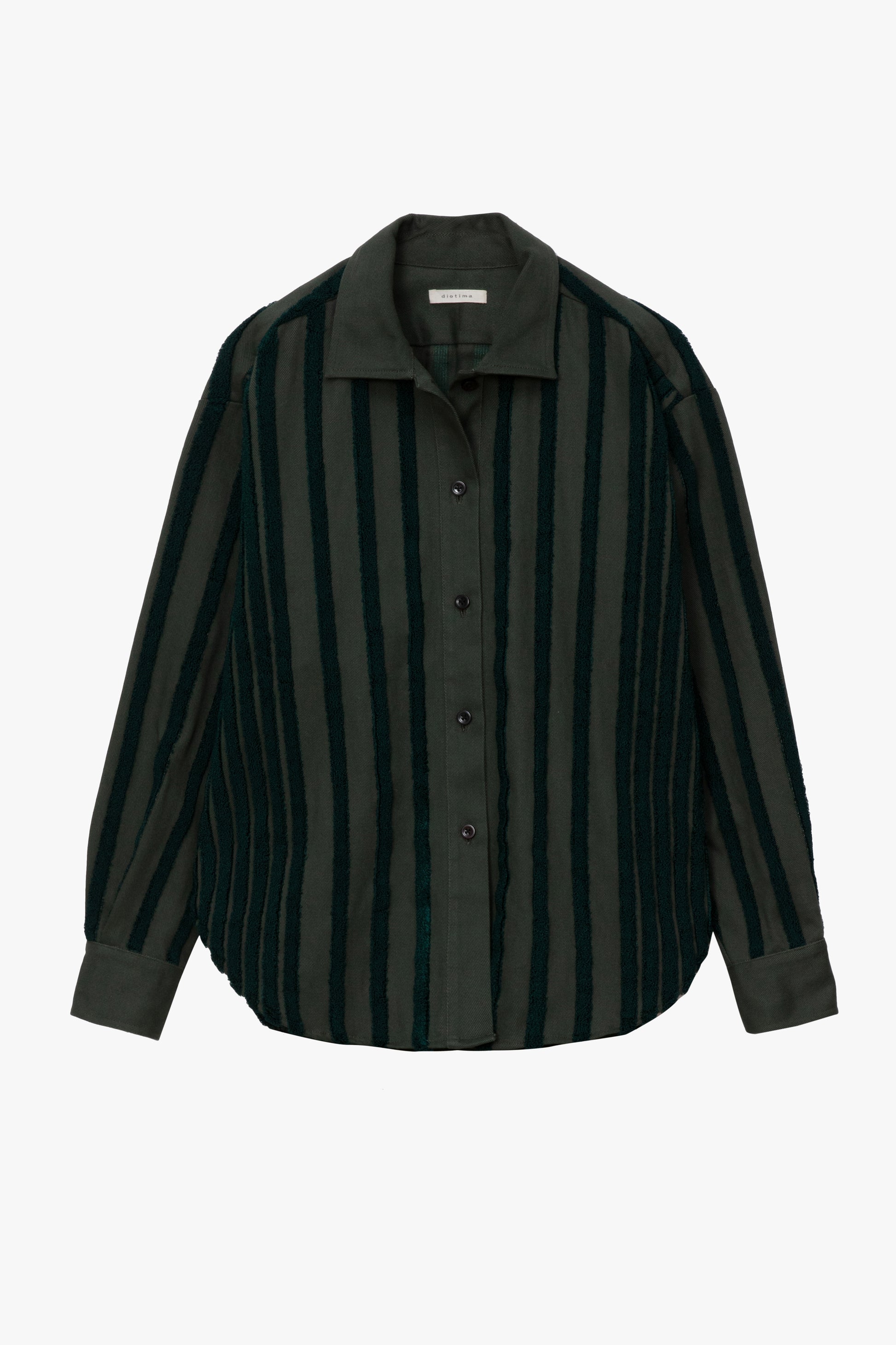 A long-sleeve button-up shirt with vertical stripes in dark olive green and black, featuring a pointed collar and dark buttons, shown against a plain light gray background.