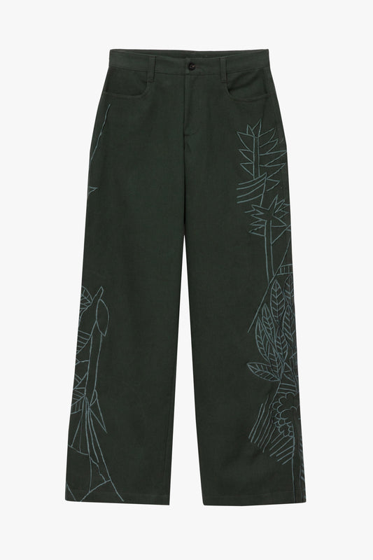 Dark forest green wide-leg denim pants with botanical forms stitched down the outer sides, shown against a plain white background.