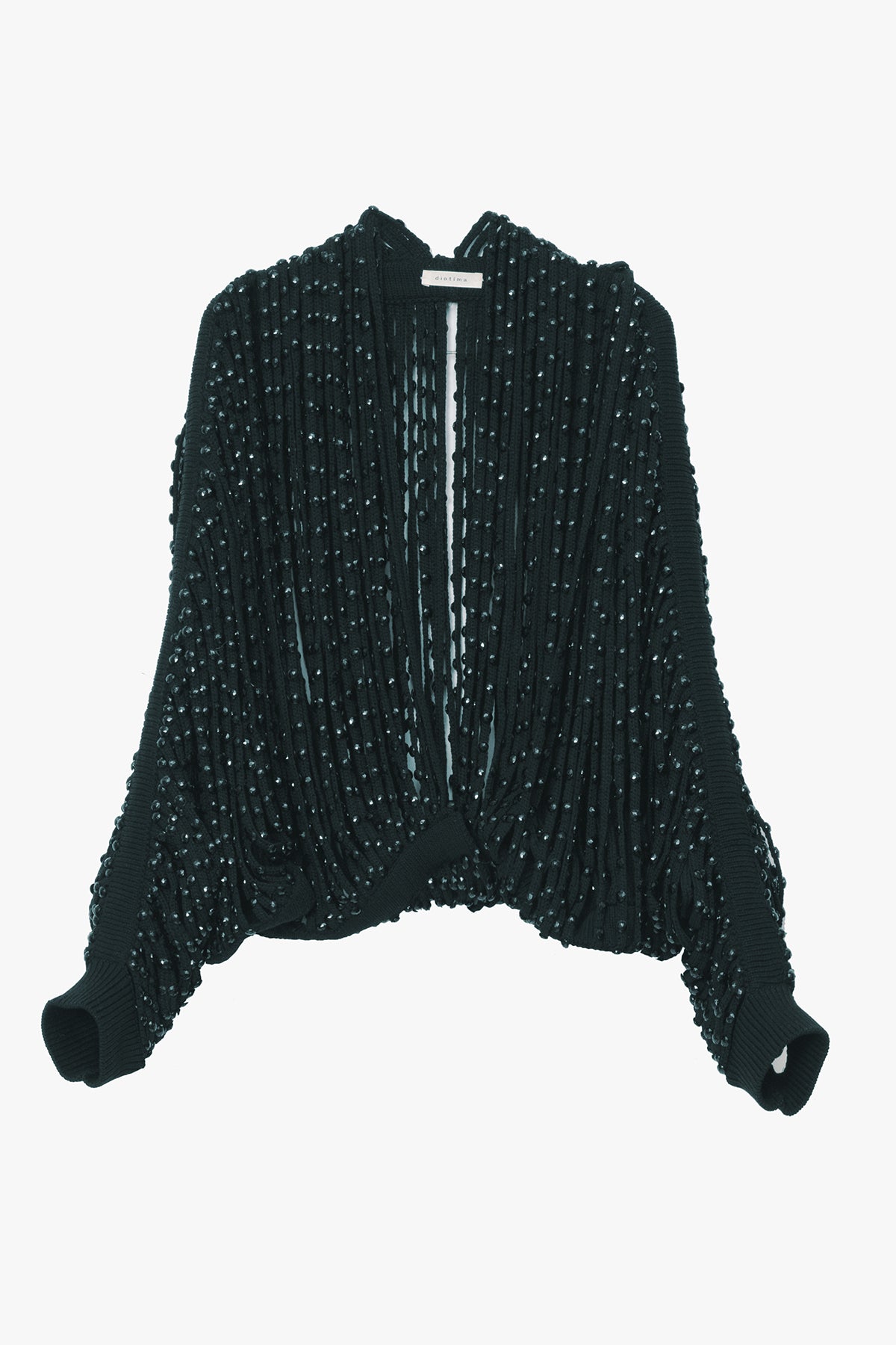 A black long-sleeve shrug featuring a textured, beaded, fringe design, shown against a plain white background.