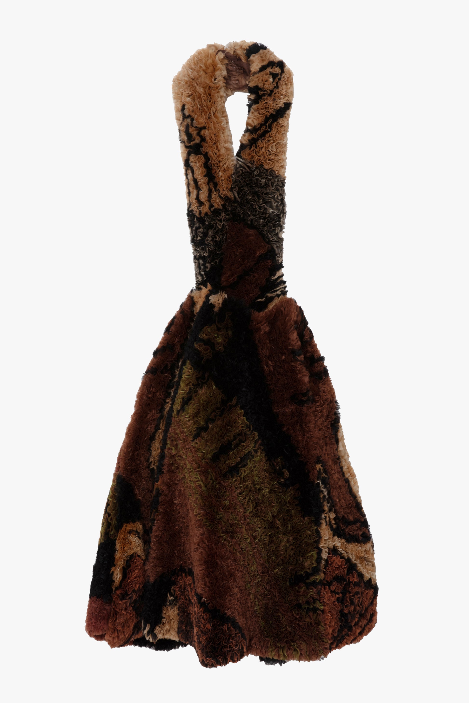 A brown and beige printed organza dress with a halter neckline, photographed against a plain white background.