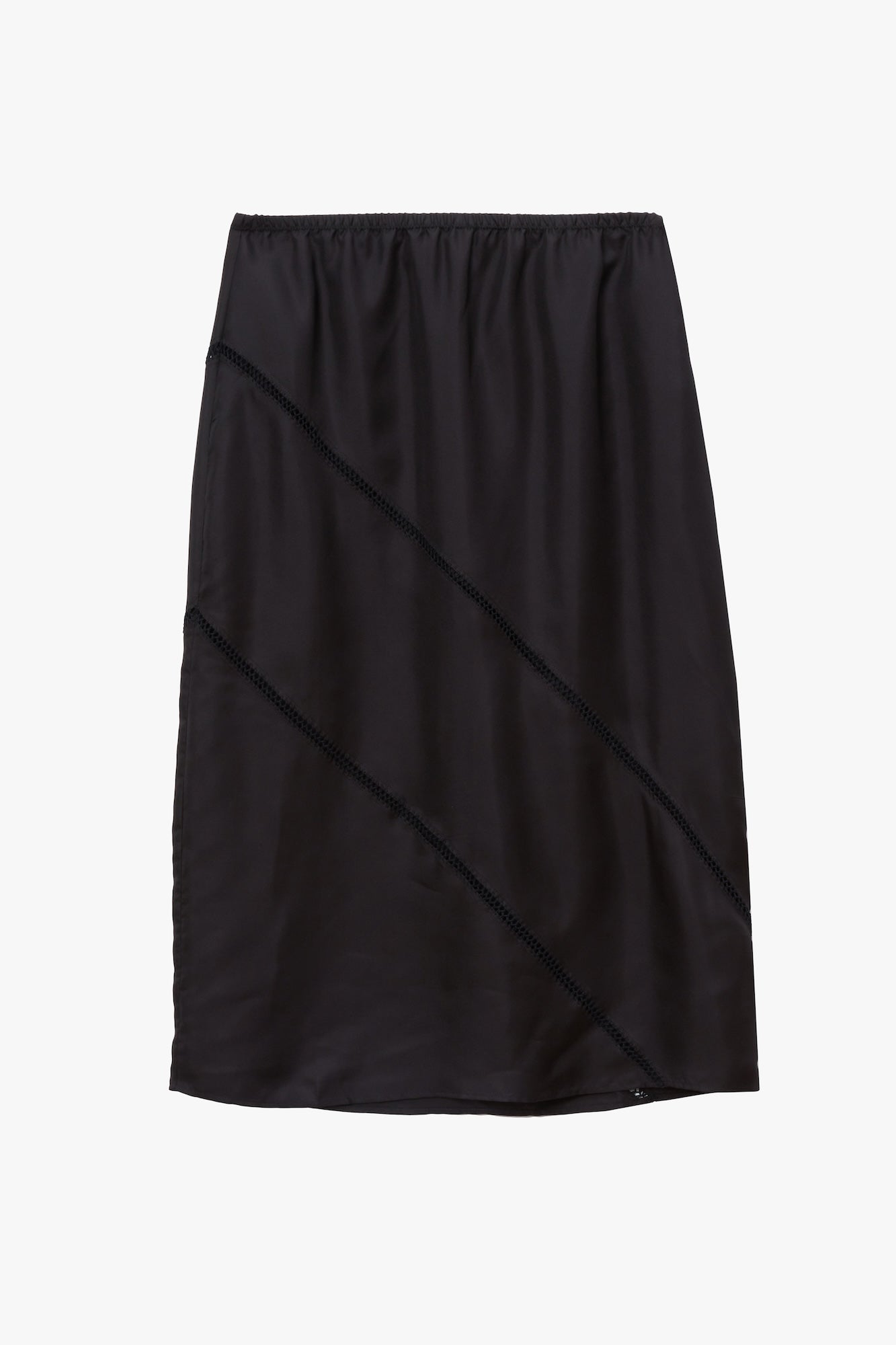 black silk skirt with elasticated waist band and zipper at the side seam with diagonal stitching