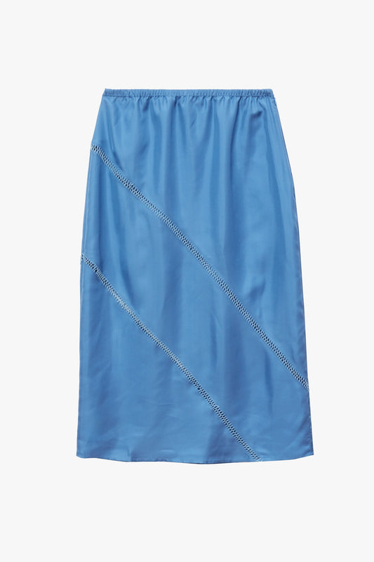 Sky blue silk skirt with elasticated waist band and zipper at the side seam with diagonal stitching