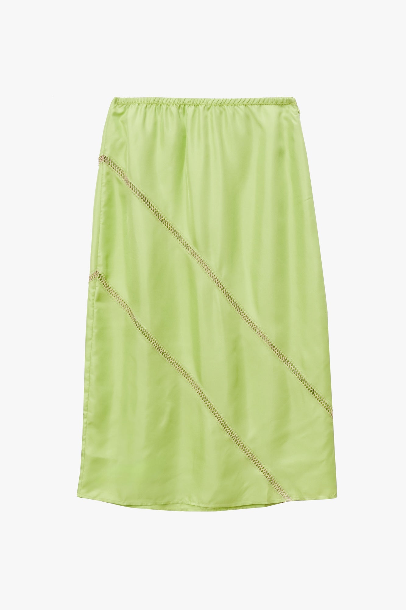 Lime green silk skirt with elasticated waist band and zipper at the side seam with diagonal stitching